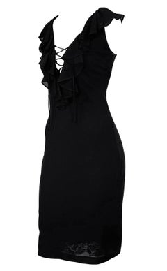 1990s Dolce & Gabbana Plunging Lace-Up Black Bodycon Ruffle Cocktail Dress