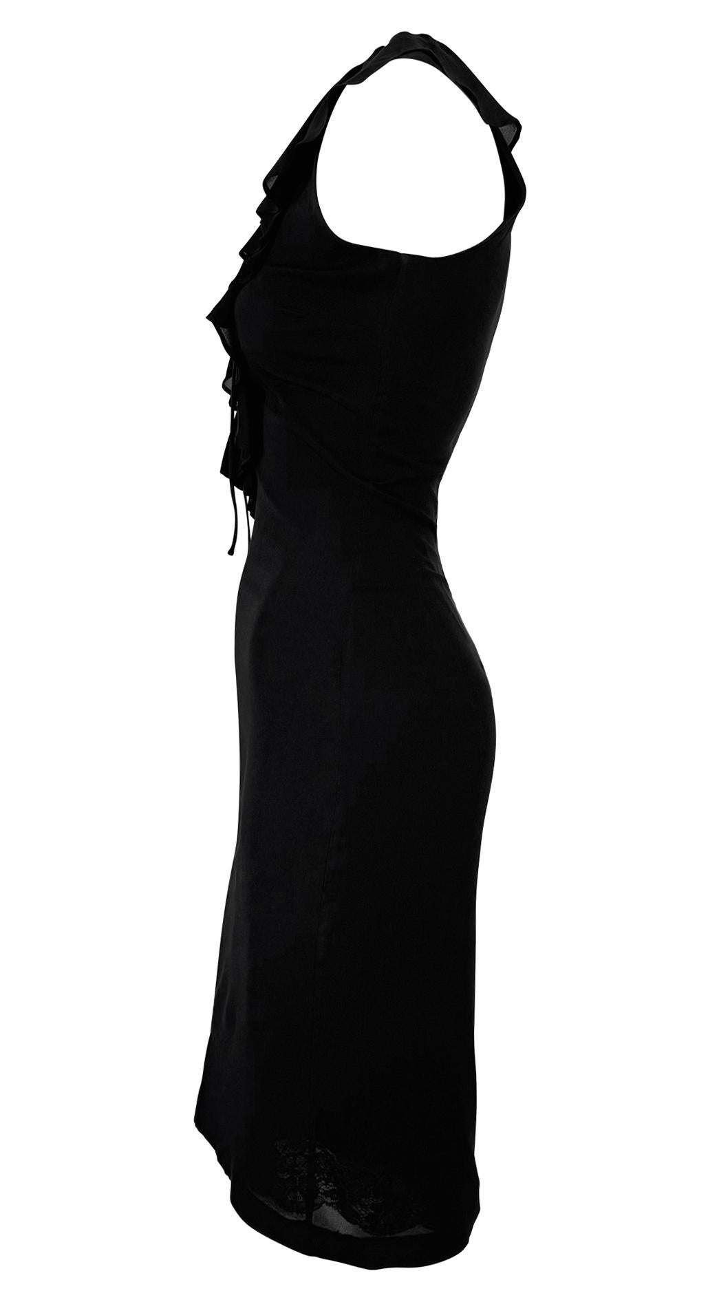 1990s Dolce & Gabbana Plunging Lace-Up Black Bodycon Ruffle Cocktail Dress In Excellent Condition For Sale In West Hollywood, CA