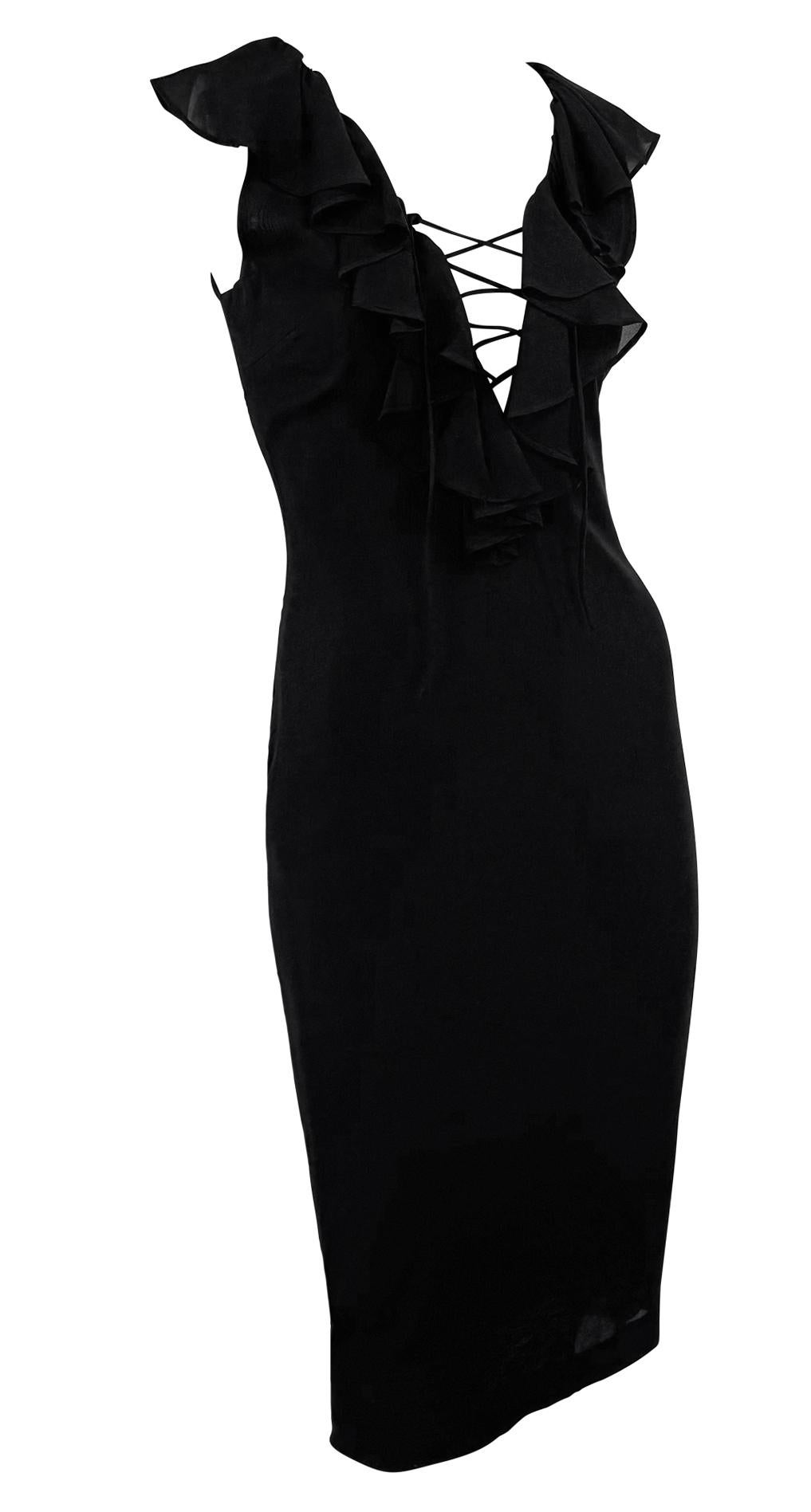 1990s Dolce & Gabbana Plunging Lace-Up Black Bodycon Ruffle Cocktail Dress For Sale 2