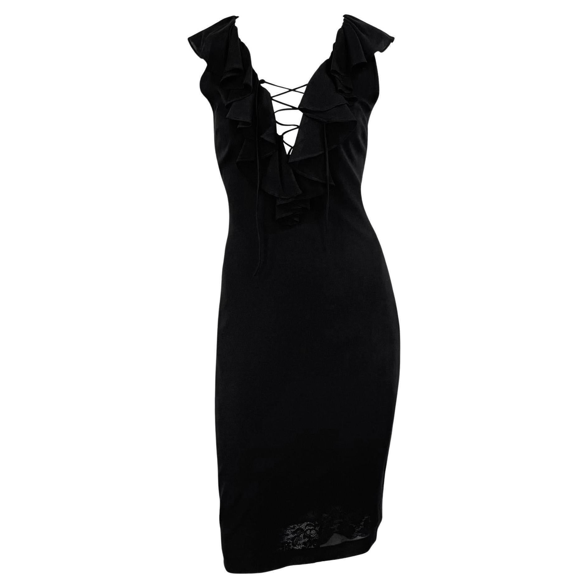 1990s Dolce & Gabbana Plunging Lace-Up Black Bodycon Ruffle Cocktail Dress For Sale