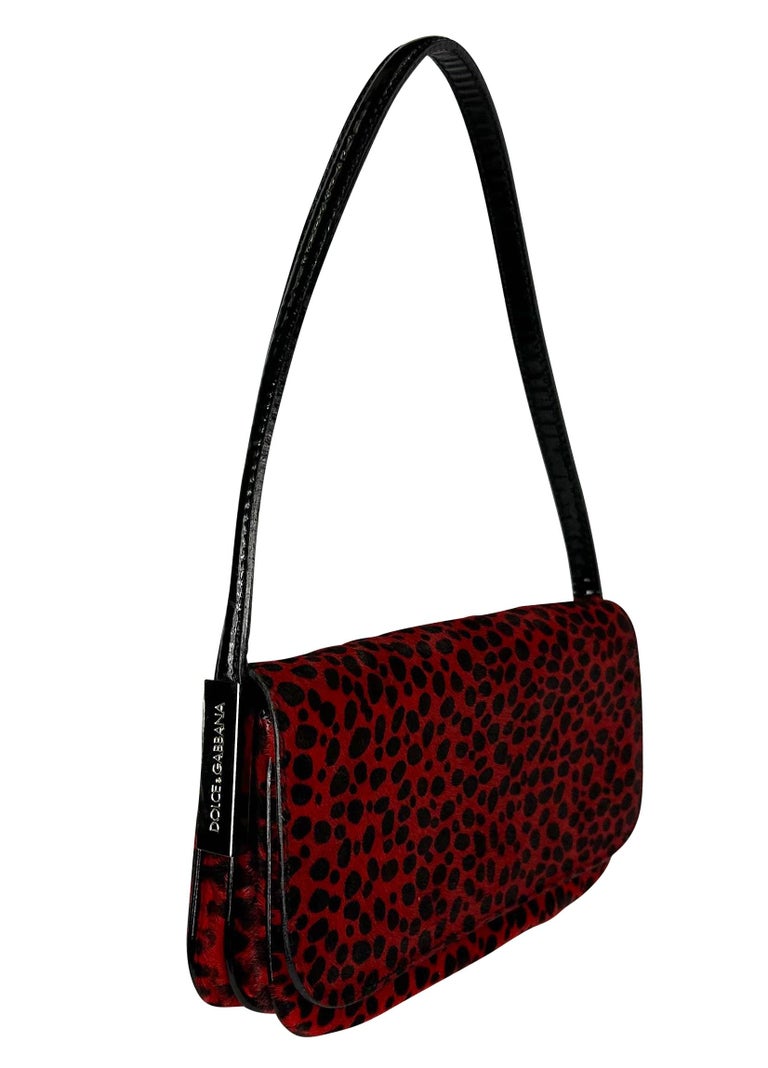 1990s Dolce and Gabbana Red and Black Cheetah Print Pony Hair Shoulder