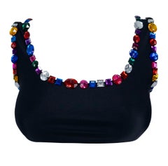 1990s Dolce & Gabbana Rhinestone Multicolor Jeweled Black Swim Skirt Set