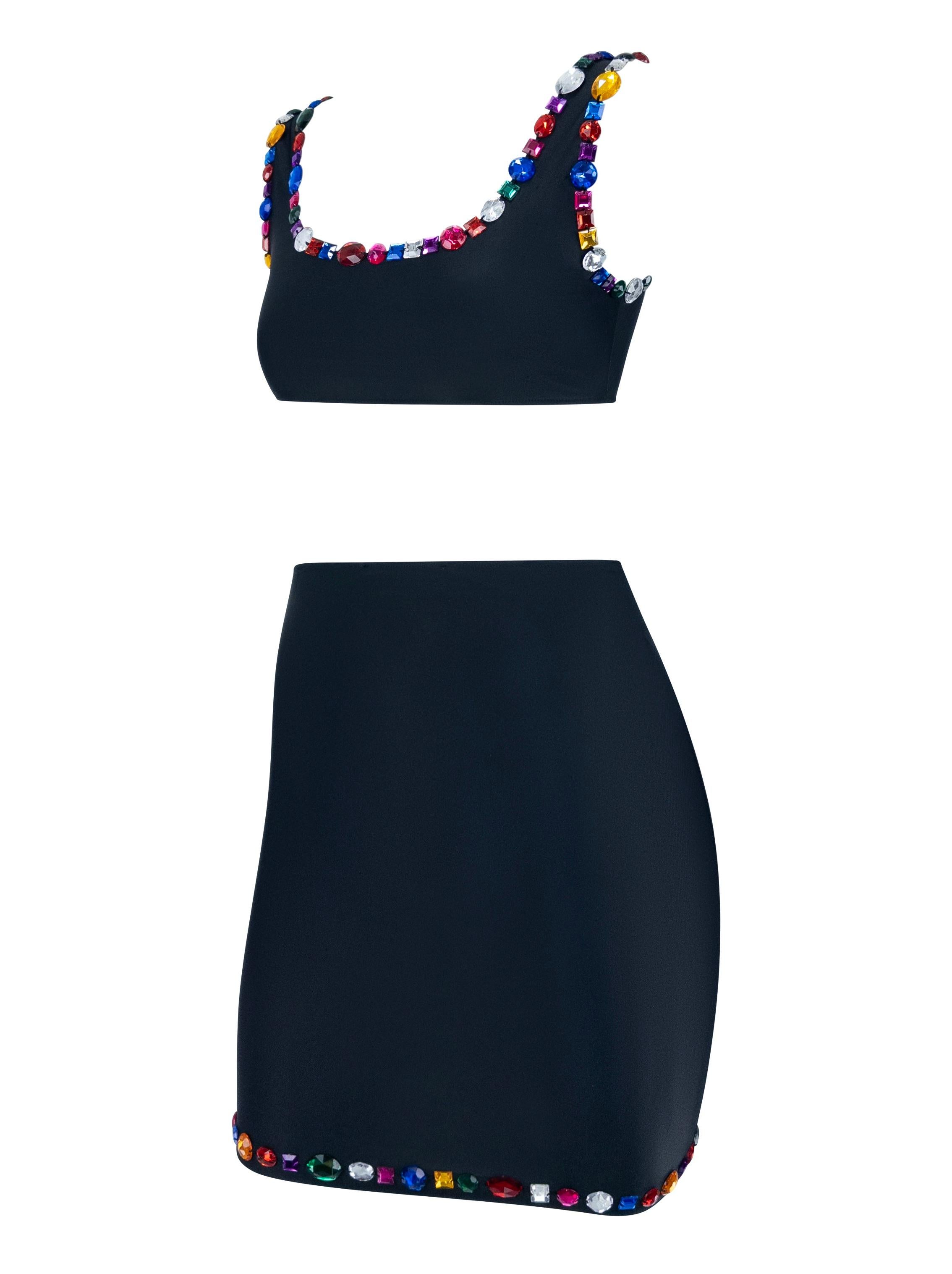 1990s Dolce & Gabbana Rhinestone Multicolor Jeweled Black Swim Skirt Set For Sale 1