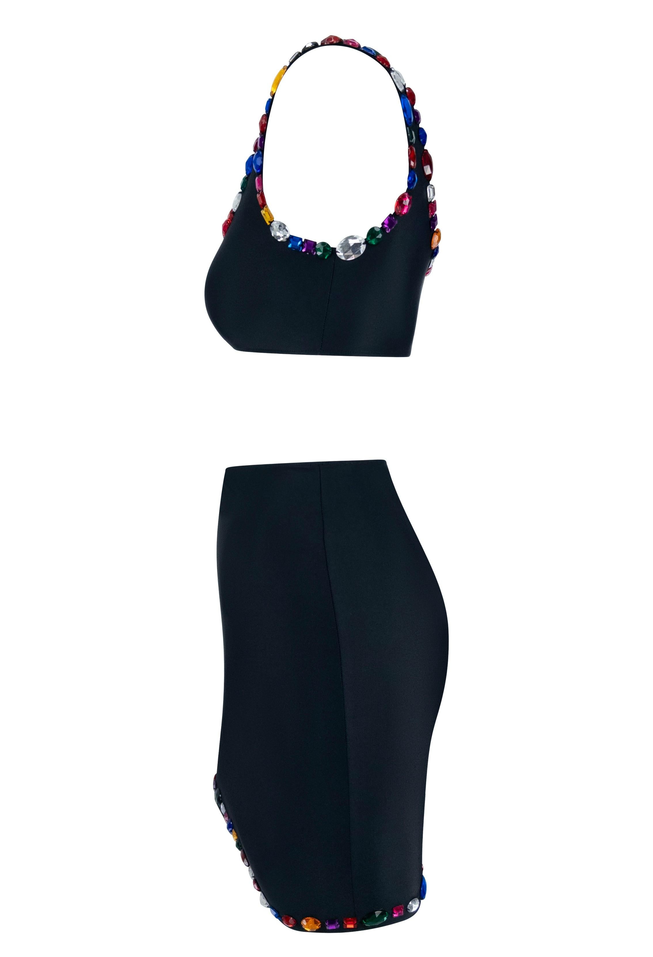1990s Dolce & Gabbana Rhinestone Multicolor Jeweled Black Swim Skirt Set For Sale 2