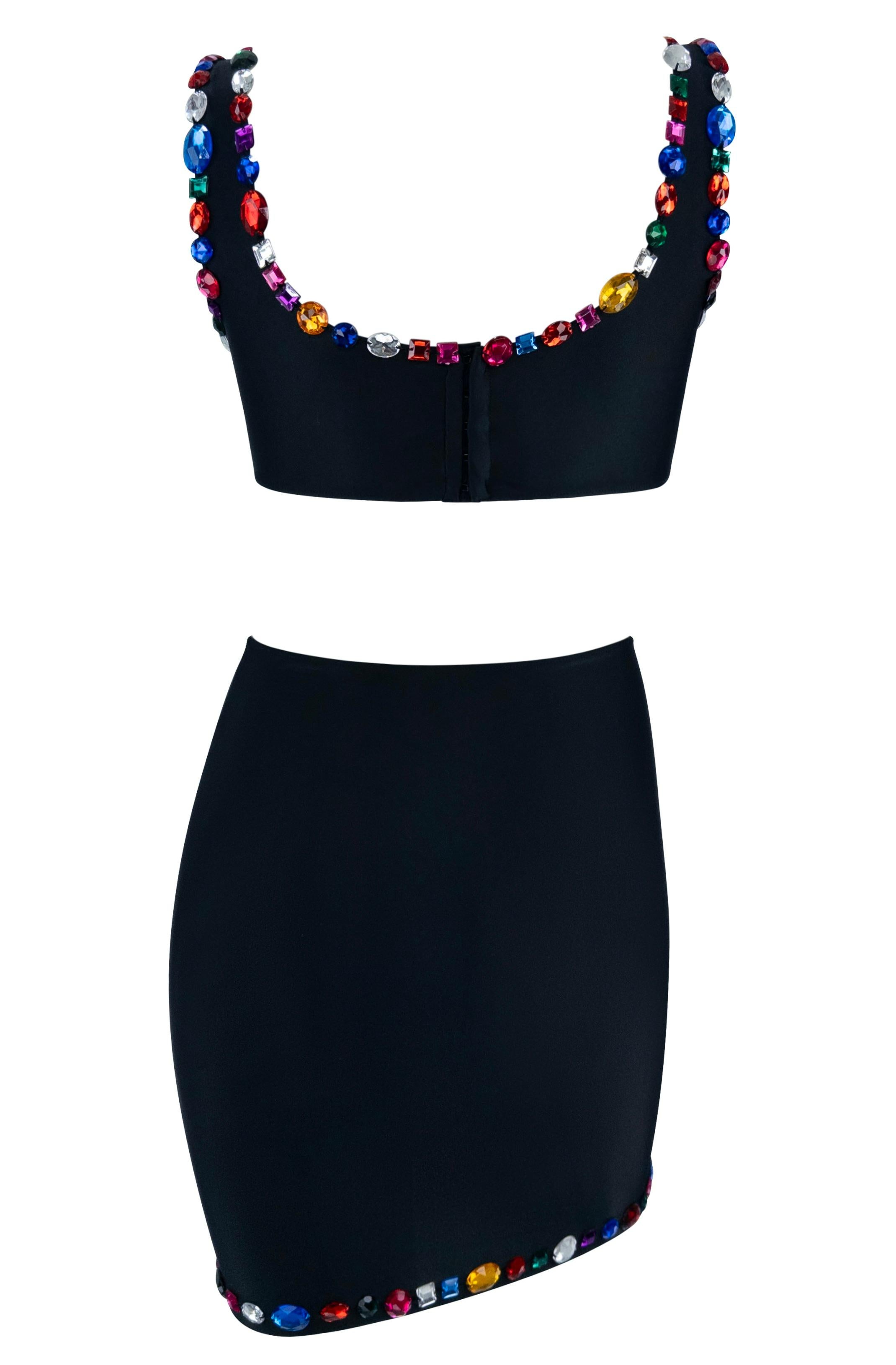 1990s Dolce & Gabbana Rhinestone Multicolor Jeweled Black Swim Skirt Set For Sale 3