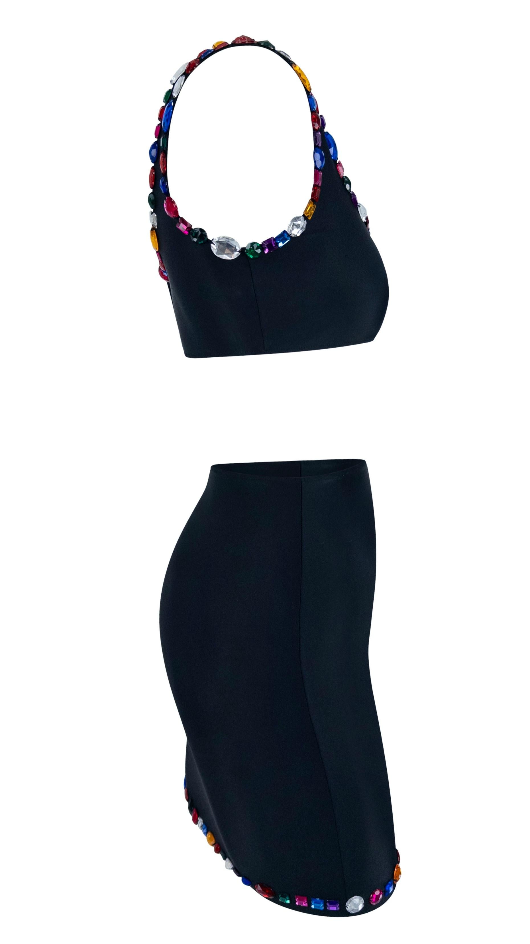 1990s Dolce & Gabbana Rhinestone Multicolor Jeweled Black Swim Skirt Set For Sale 4
