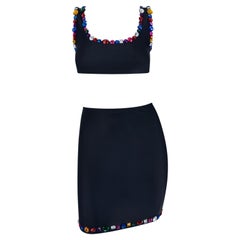 1990s Dolce & Gabbana Rhinestone Multicolor Jeweled Black Swim Skirt Set