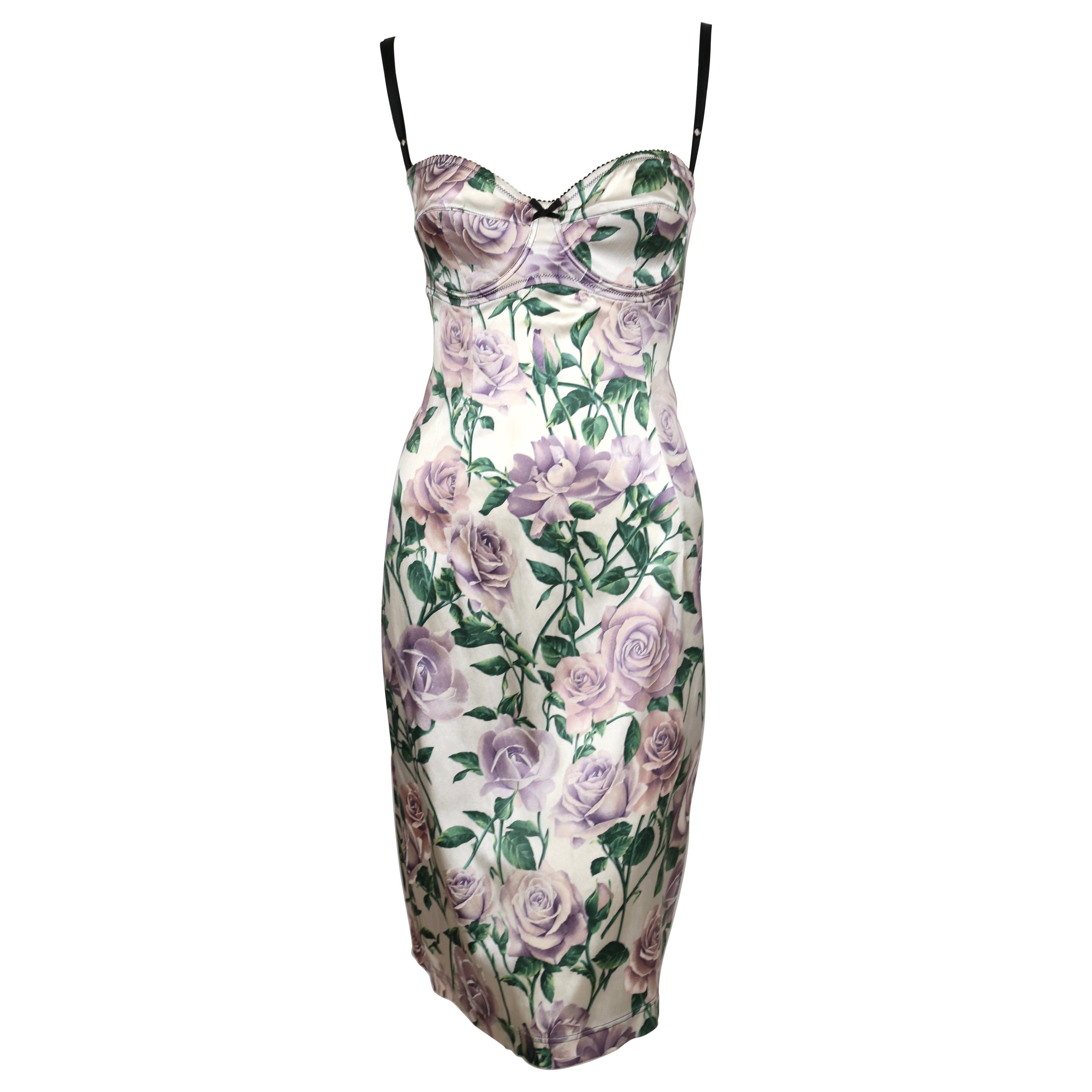 1990
s DOLCE 
GABBANA rose printed silk dress with bustier bodice