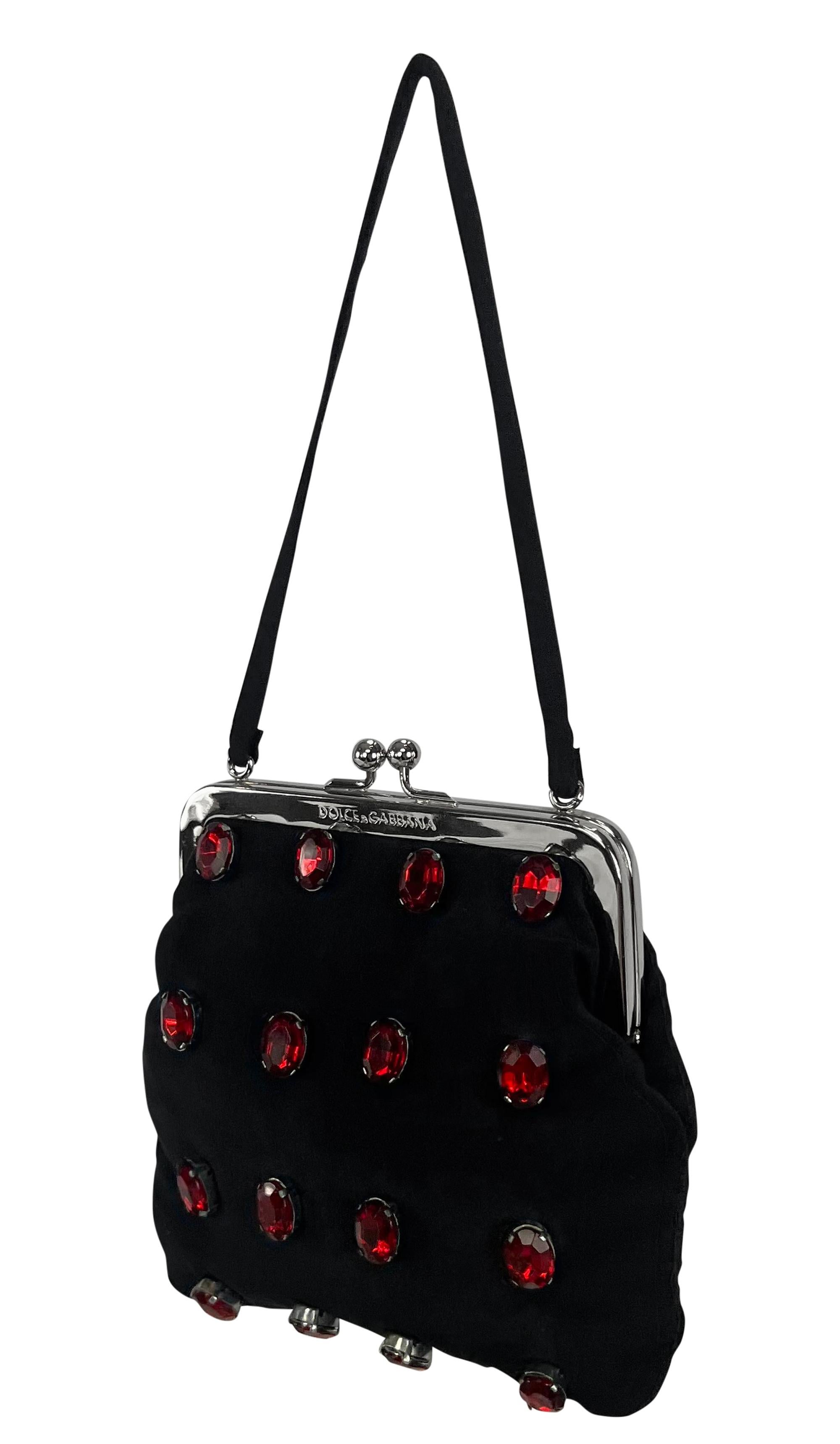 Black 1990s Dolce & Gabbana Ruby Rhinestone Jeweled Mini Satin Kisslock Evening Bag For Sale