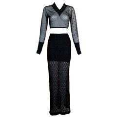 1990's Dolce & Gabbana Sheer Black Mesh Crop Top & Long Fishnet Skirt Set