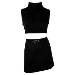 1990s Dolce & Gabbana Silver Logo Buckle Black Cropped Roll Neck Mini Skirt Set