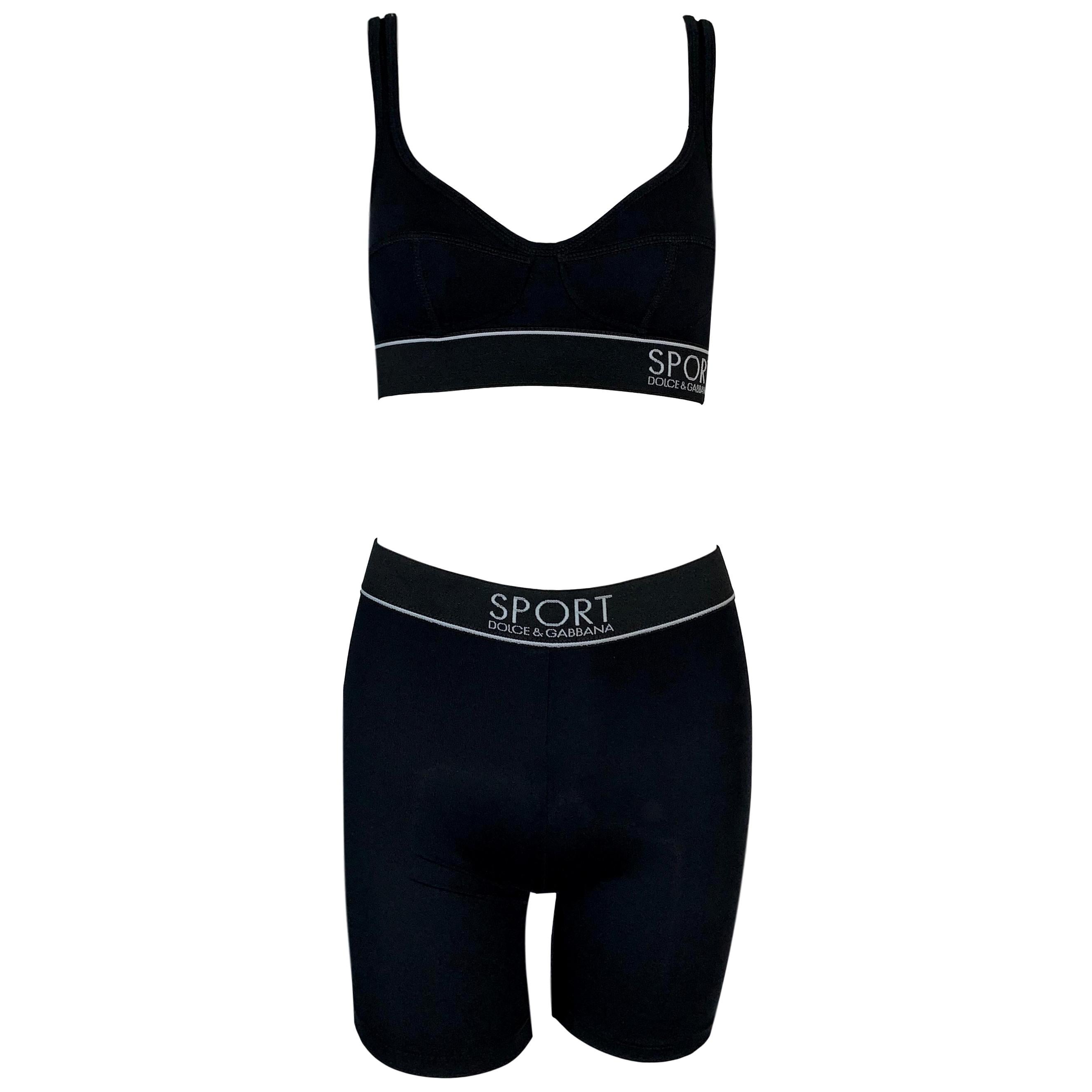1990's Dolce & Gabbana Sport Black White Logo Crop Top Bra High Waist Shorts