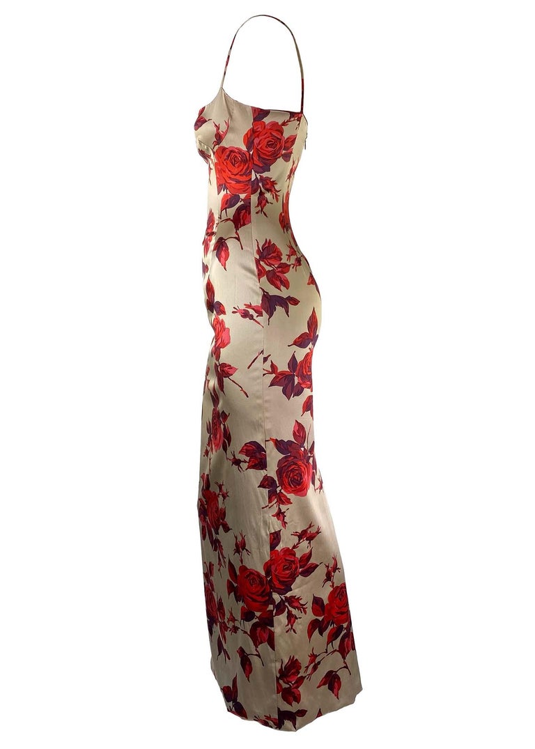 Brown 1990s Dolce & Gabbana Taupe Red Rose Silk Satin Pin-Up Dress Vintage