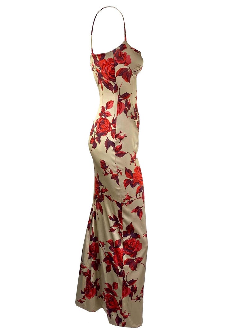 Women's 1990s Dolce & Gabbana Taupe Red Rose Silk Satin Pin-Up Dress Vintage