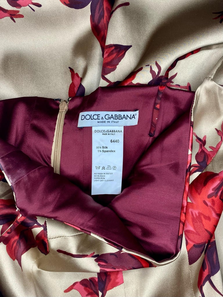 1990s Dolce & Gabbana Taupe Red Rose Silk Satin Pin-Up Dress Vintage 1