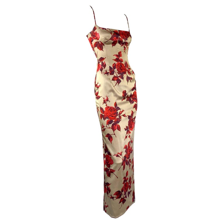 1990s Dolce & Gabbana Taupe Red Rose Silk Satin Pin-Up Dress Vintage