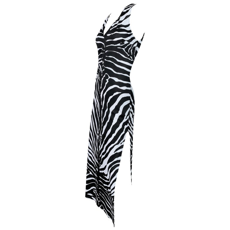 1990's Dolce and Gabbana Zebra Print Thin Slinky High Slit Long Gown ...