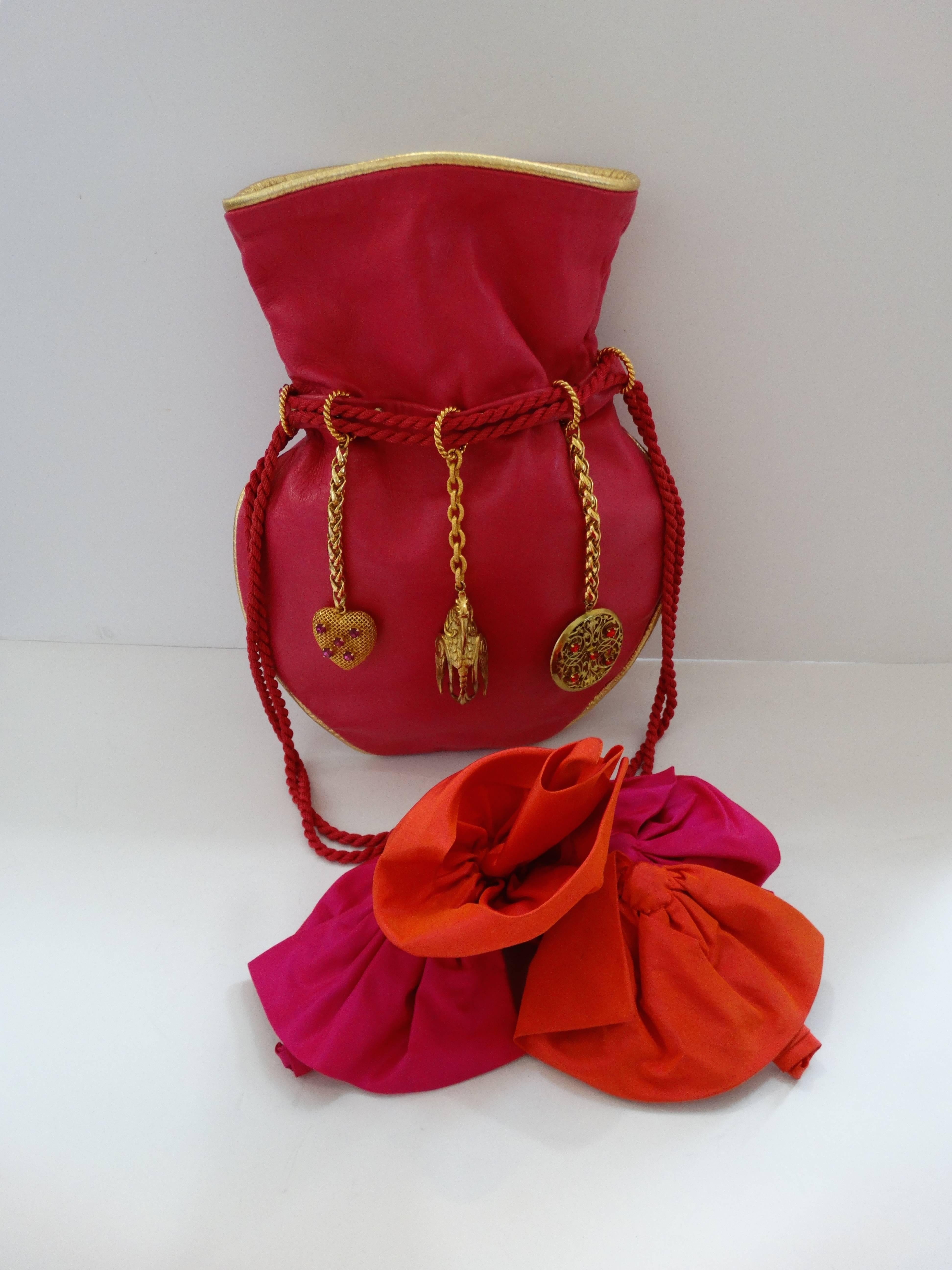 1990s Dominique Aurientis Pink Leather Charm Bag In Excellent Condition In Scottsdale, AZ