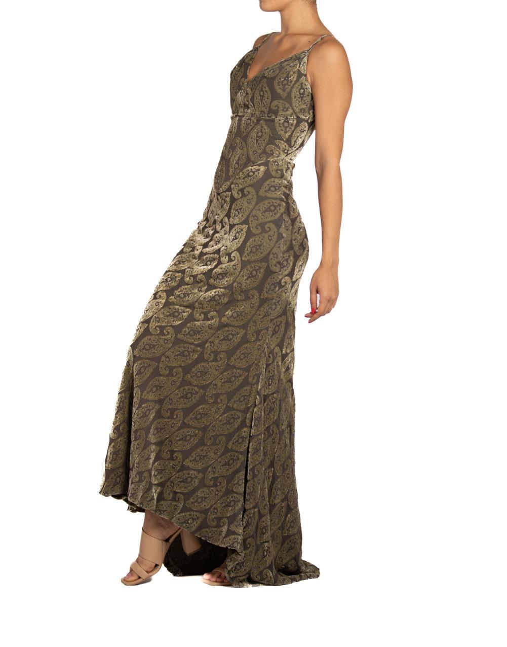 1990S DONALD DEAL Olive Green Bias Cut Rayon & Silk Burnout Velvet Dress In Excellent Condition For Sale In New York, NY