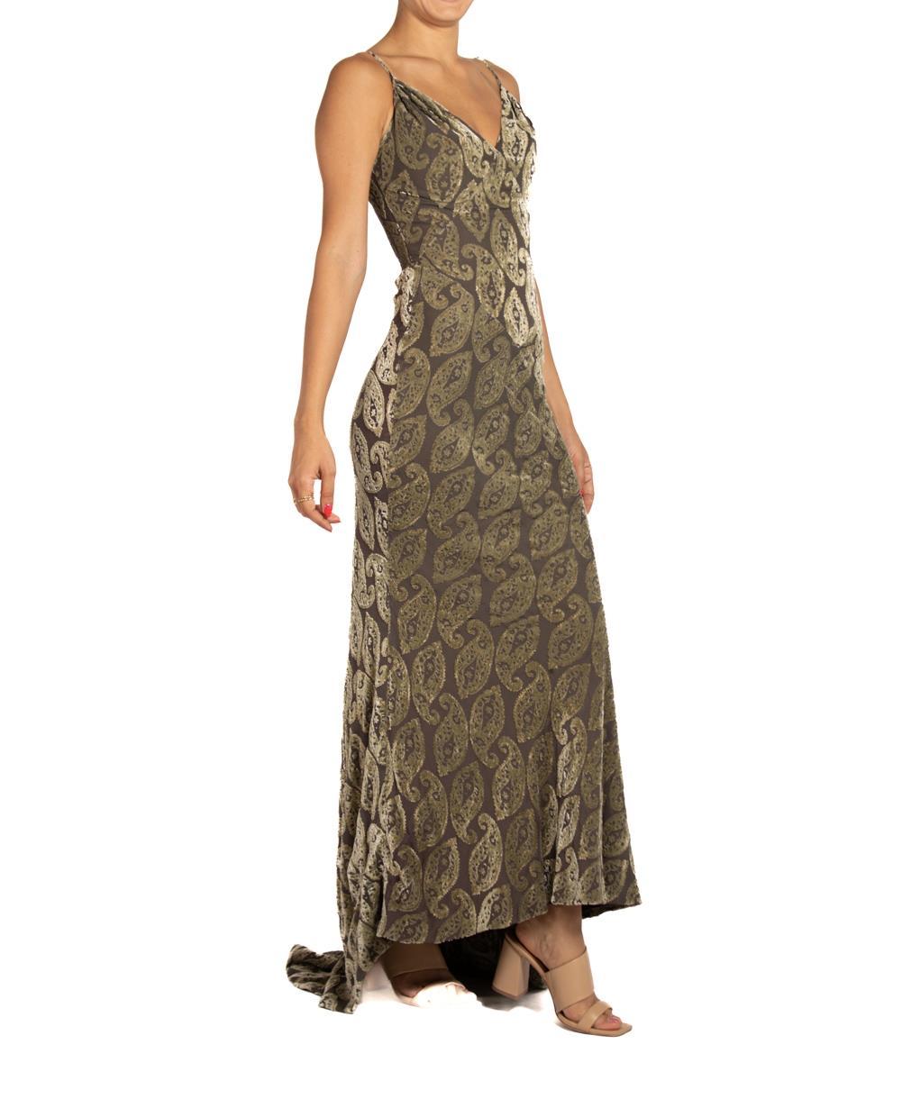 Women's 1990S DONALD DEAL Olive Green Bias Cut Rayon & Silk Burnout Velvet Dress For Sale