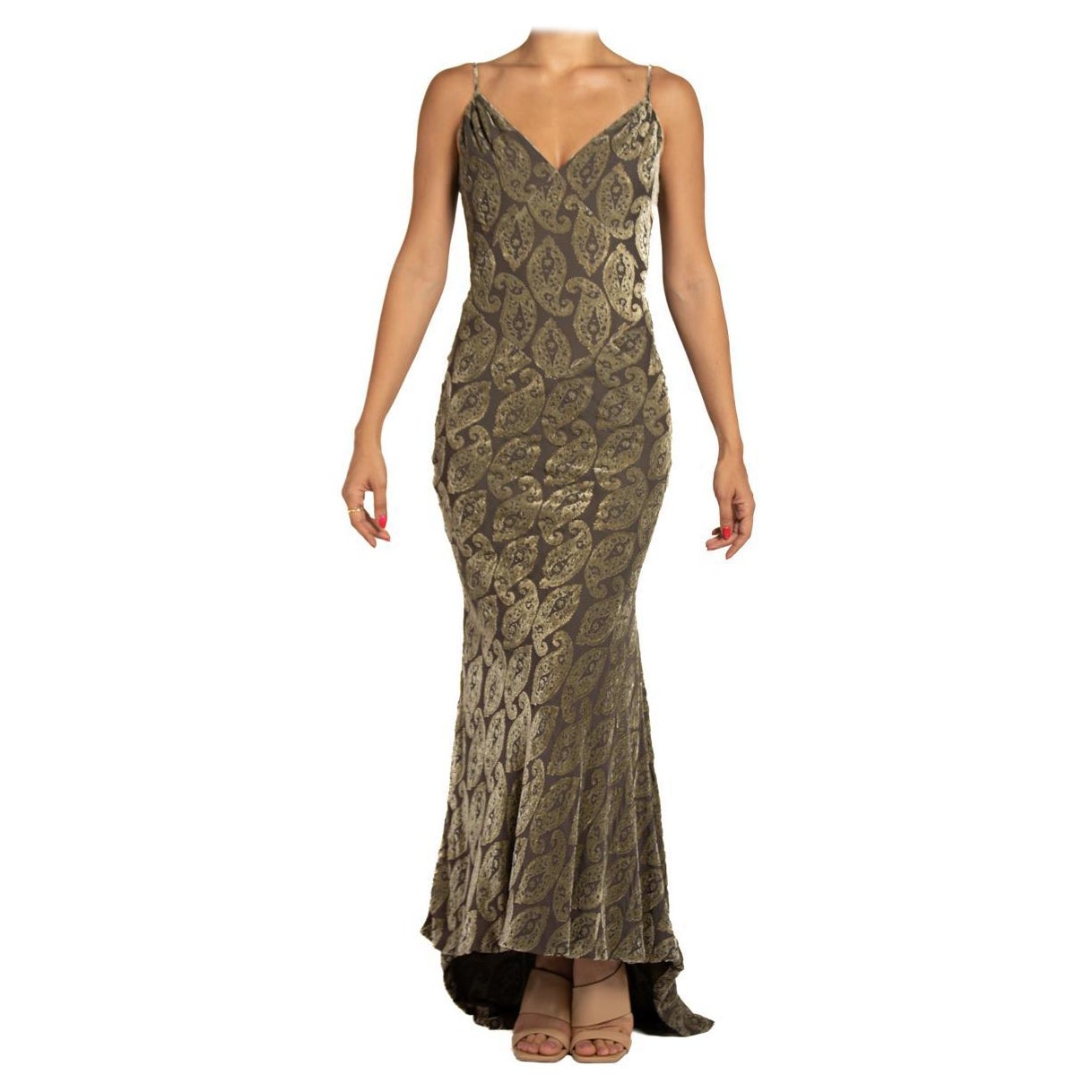 1990S DONALD DEAL Olive Green Bias Cut Rayon & Silk Burnout Velvet Dress