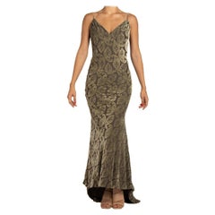 1990S DONALD DEAL Olive Green Bias Cut Rayon & Silk Burnout Velvet Dress