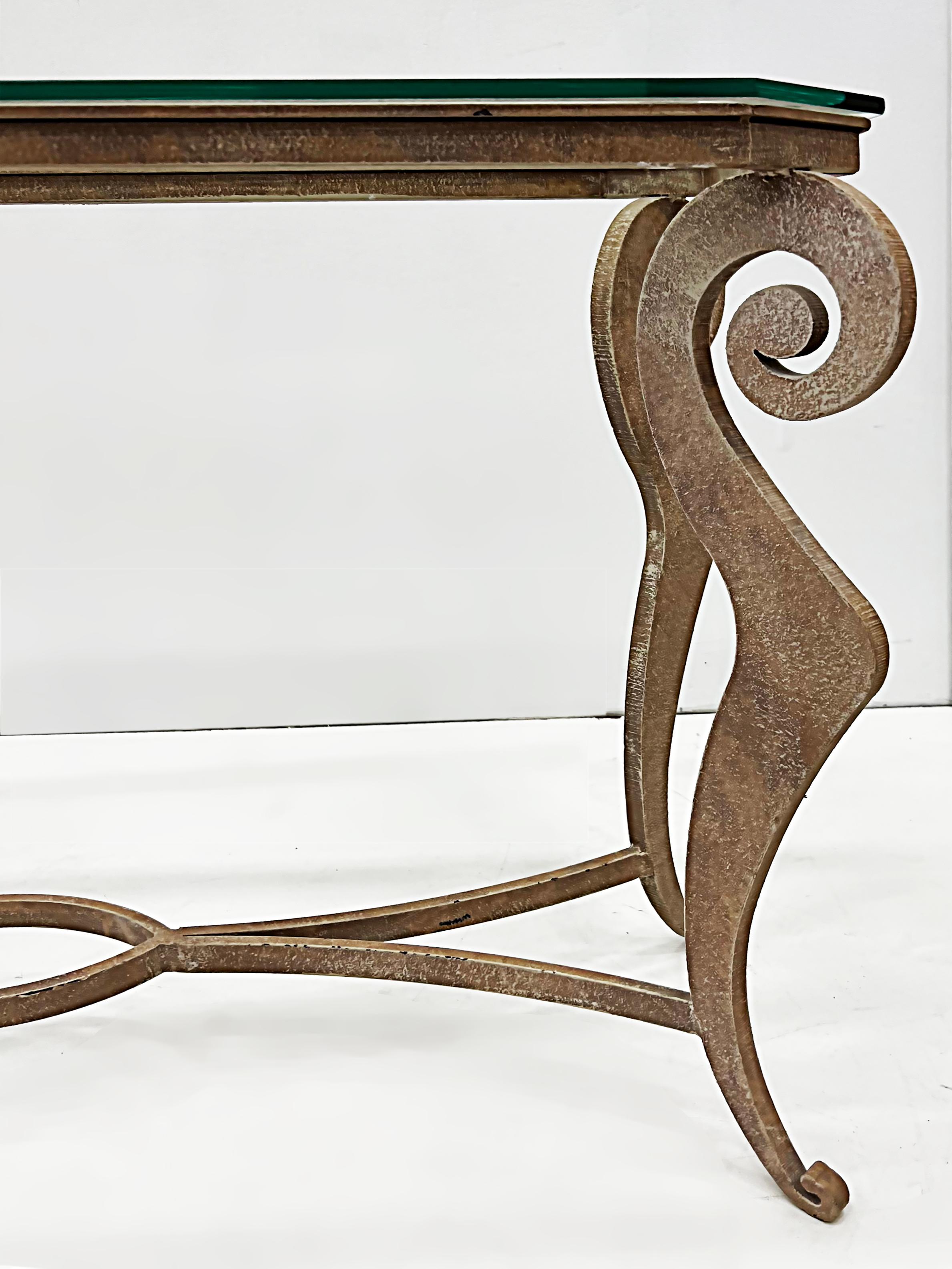 Beveled 1990s Donghia Style Steel Cut Stylized Console Table with Glass Top