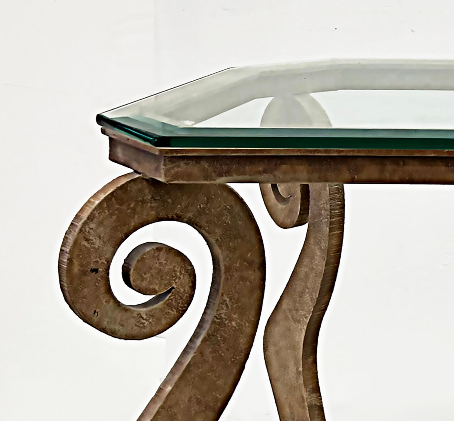 1990s Donghia Style Steel Cut Stylized Console Table with Glass Top In Good Condition For Sale In Miami, FL