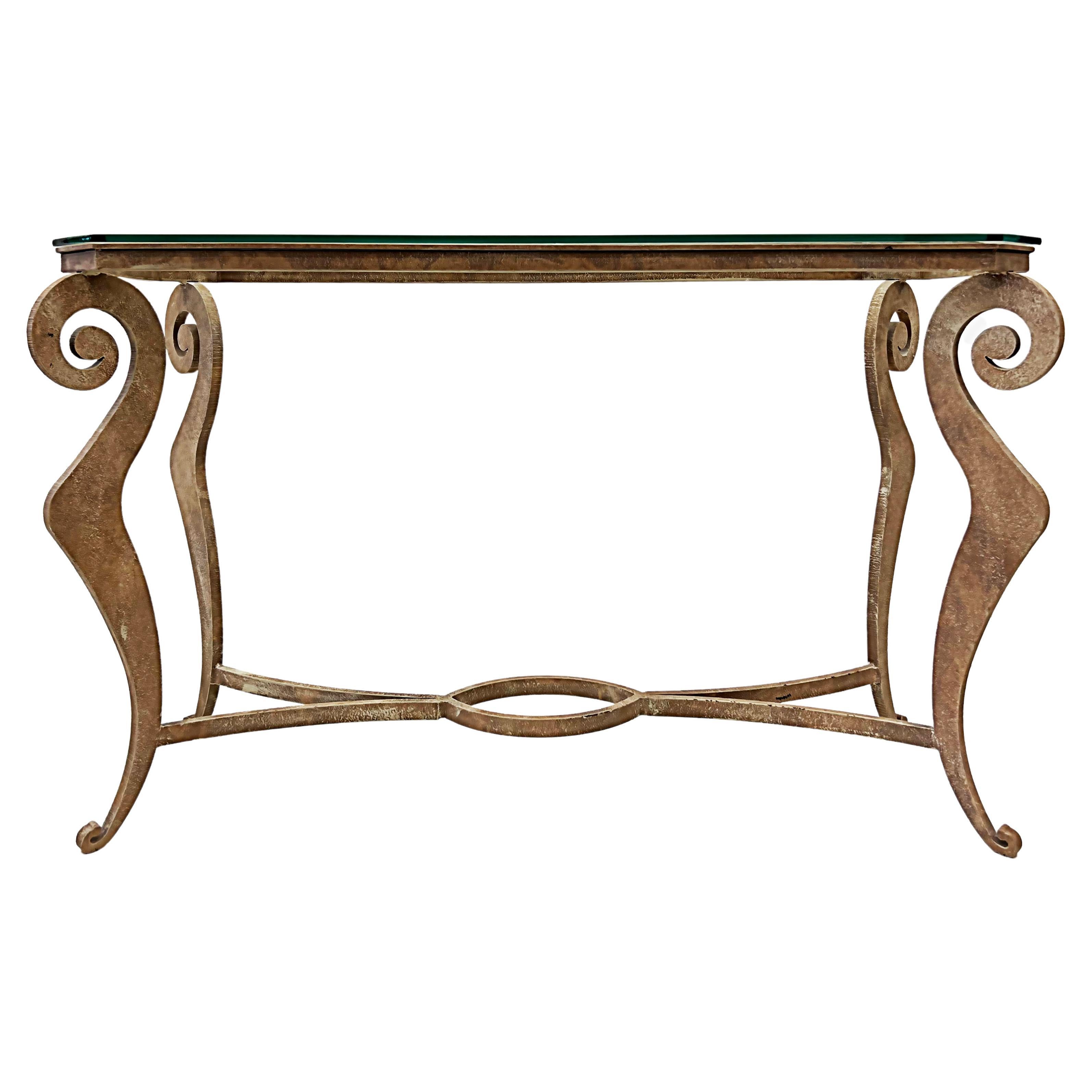 1990s Donghia Style Steel Cut Stylized Console Table with Glass Top For Sale