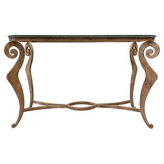 Vintage 1990s Donghia Style Steel Cut Stylized Console Table with Glass Top