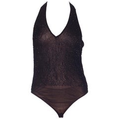 1990S DONNA KARAN Black Beaded Mesh Thong Bodysuit