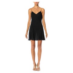 1990S DONNA KARAN - Vestito a sottoveste in chiffon di seta tagliato di sbieco nero