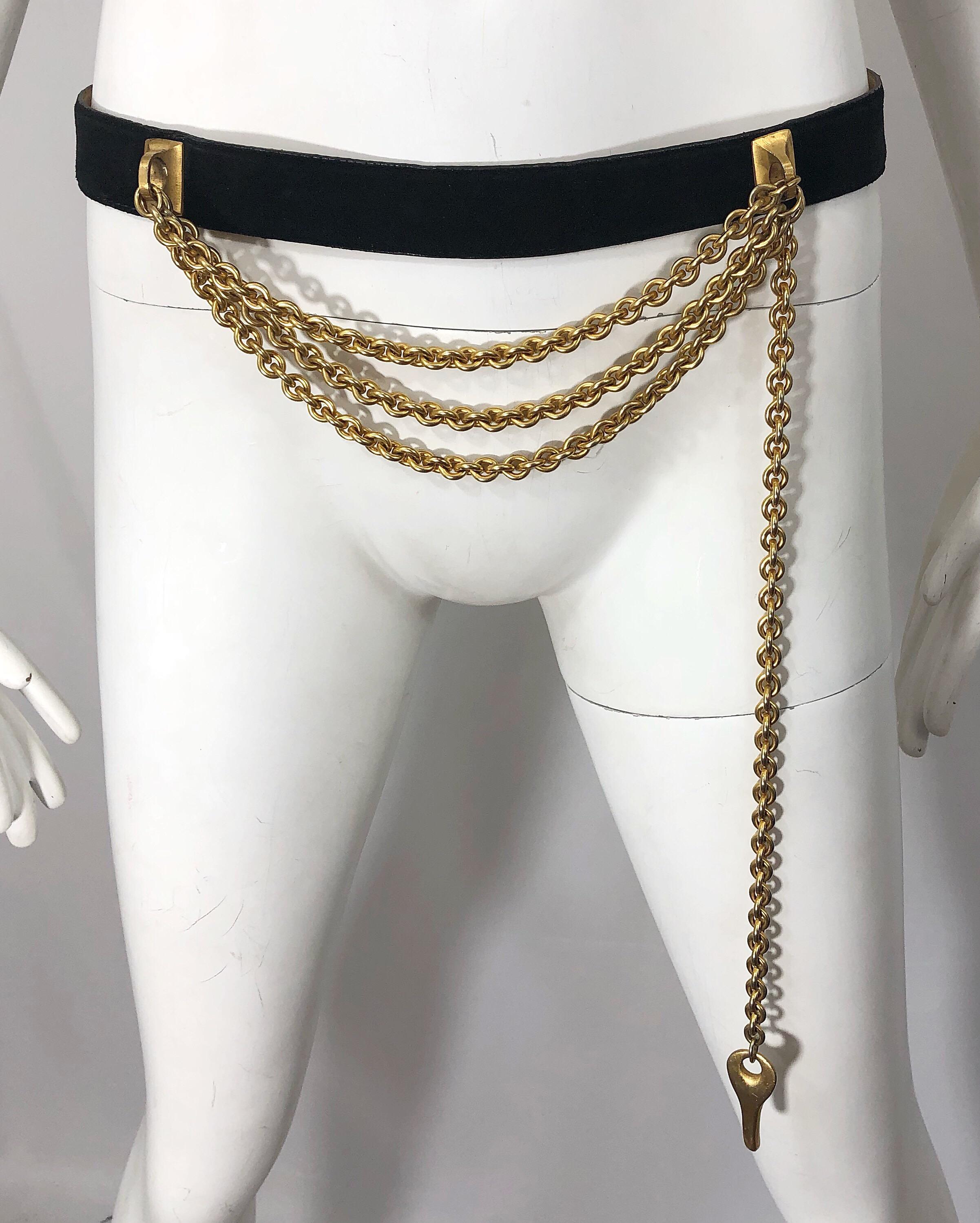 1990s Donna Karan Black Leather Suede and Gold Chain Vintage 90s Key Belt 6