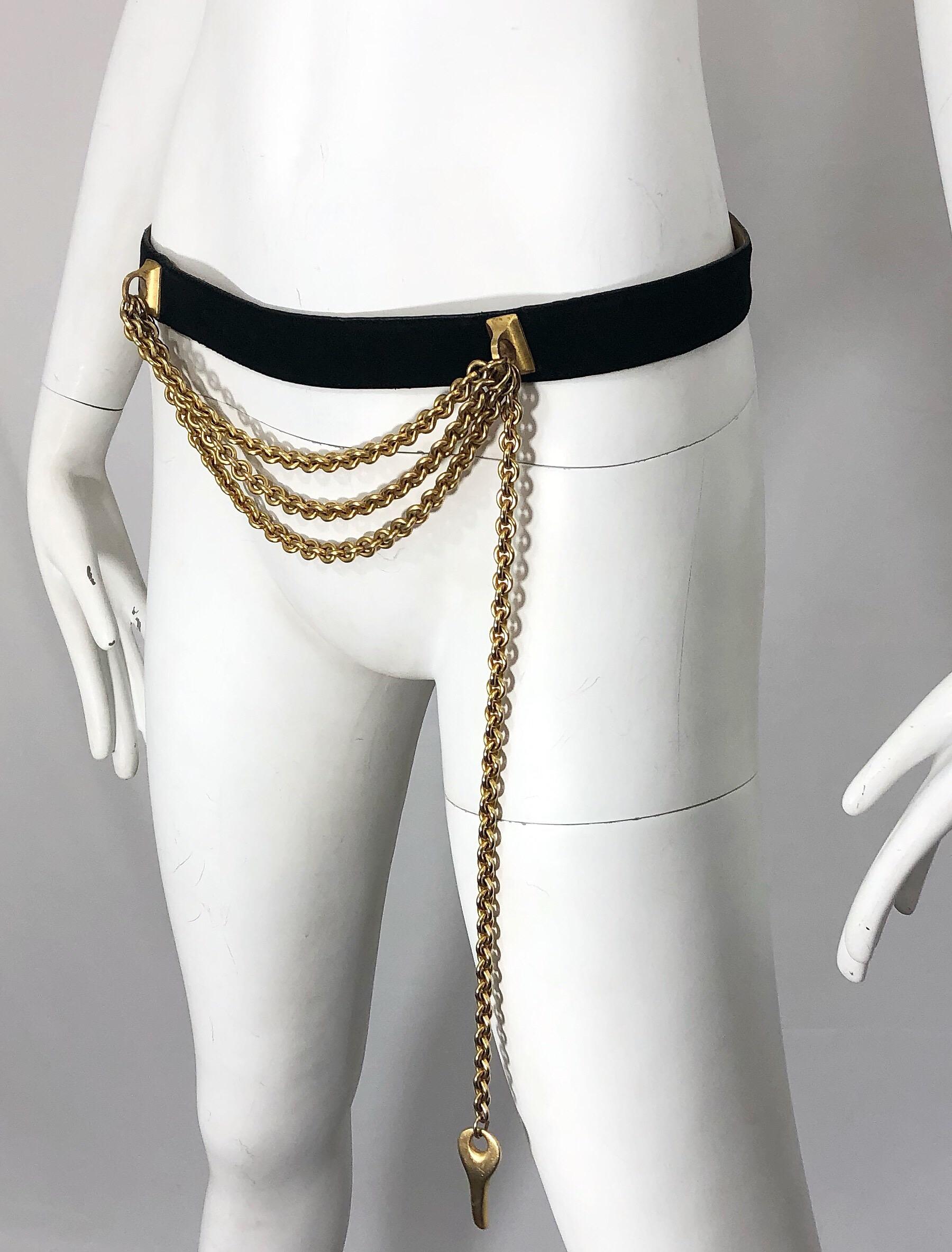 1990s Donna Karan Black Leather Suede and Gold Chain Vintage 90s Key Belt 7