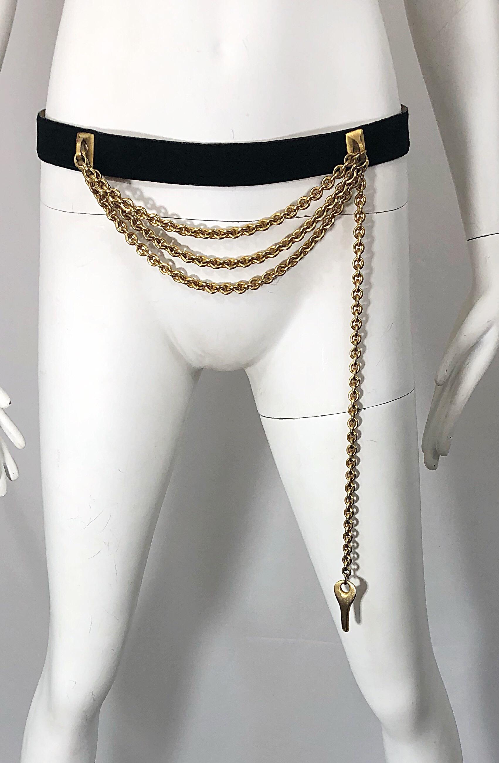 1990s Donna Karan Black Leather Suede and Gold Chain Vintage 90s Key Belt 8