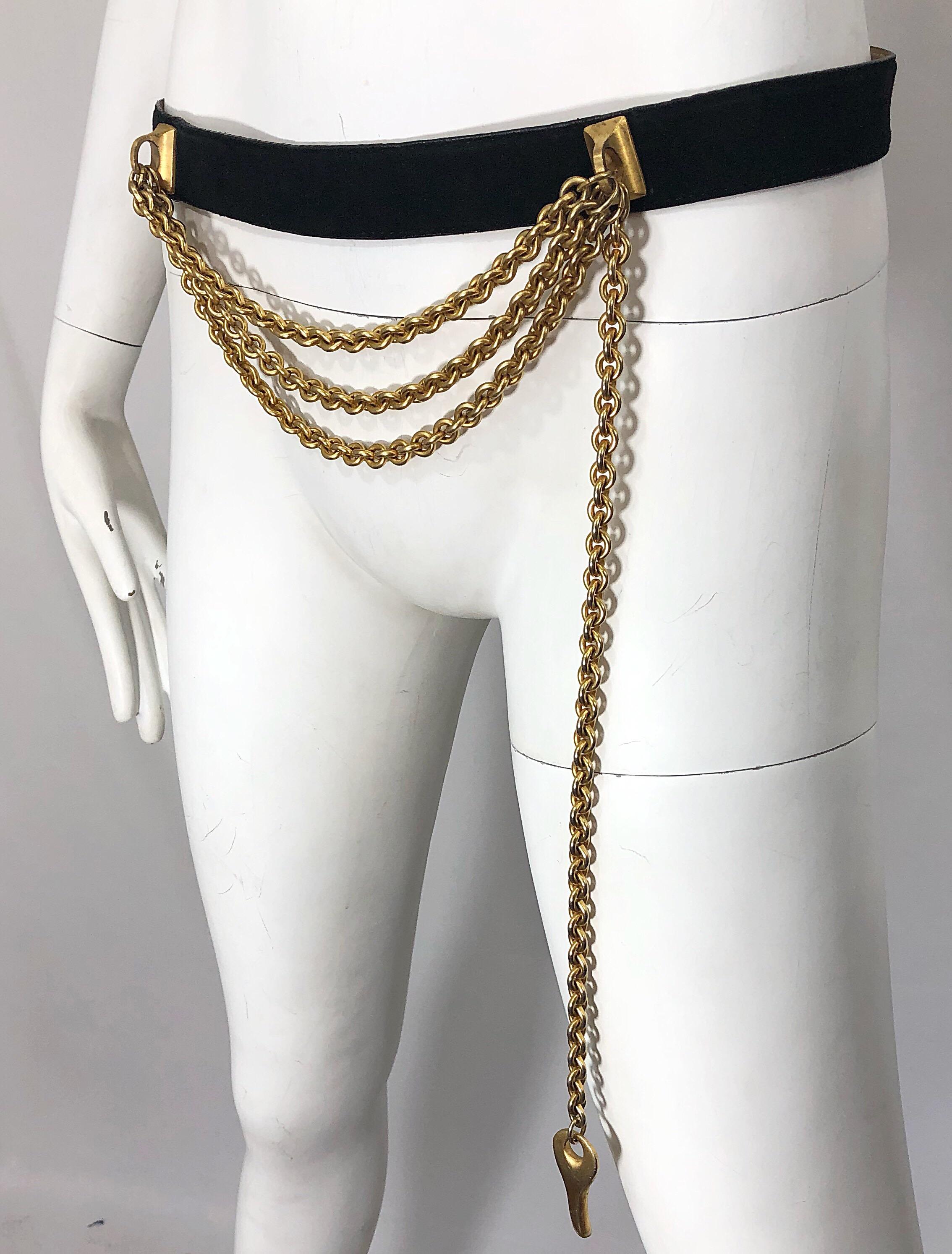 Women's 1990s Donna Karan Black Leather Suede and Gold Chain Vintage 90s Key Belt