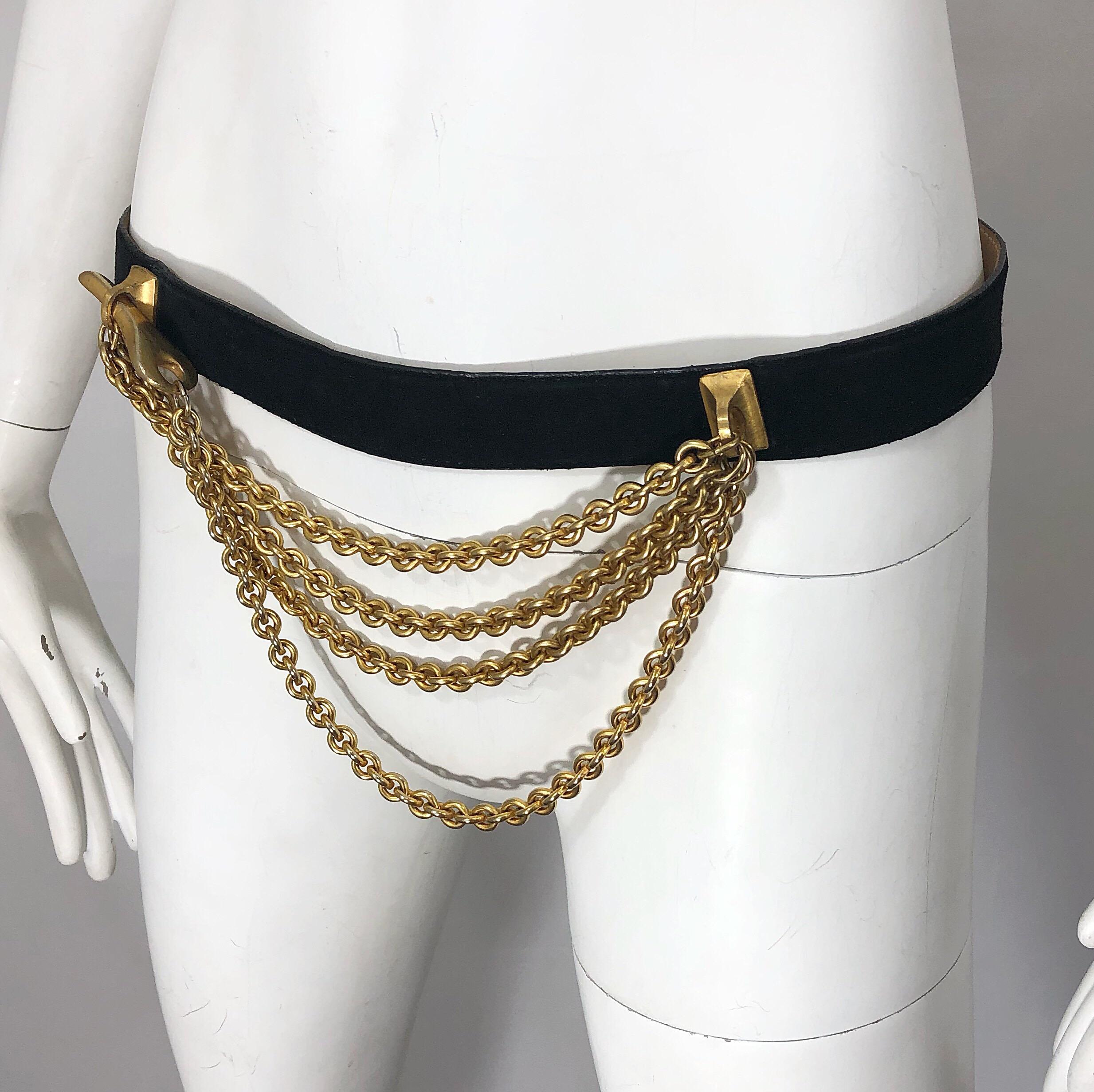 1990s Donna Karan Black Leather Suede and Gold Chain Vintage 90s Key Belt 1