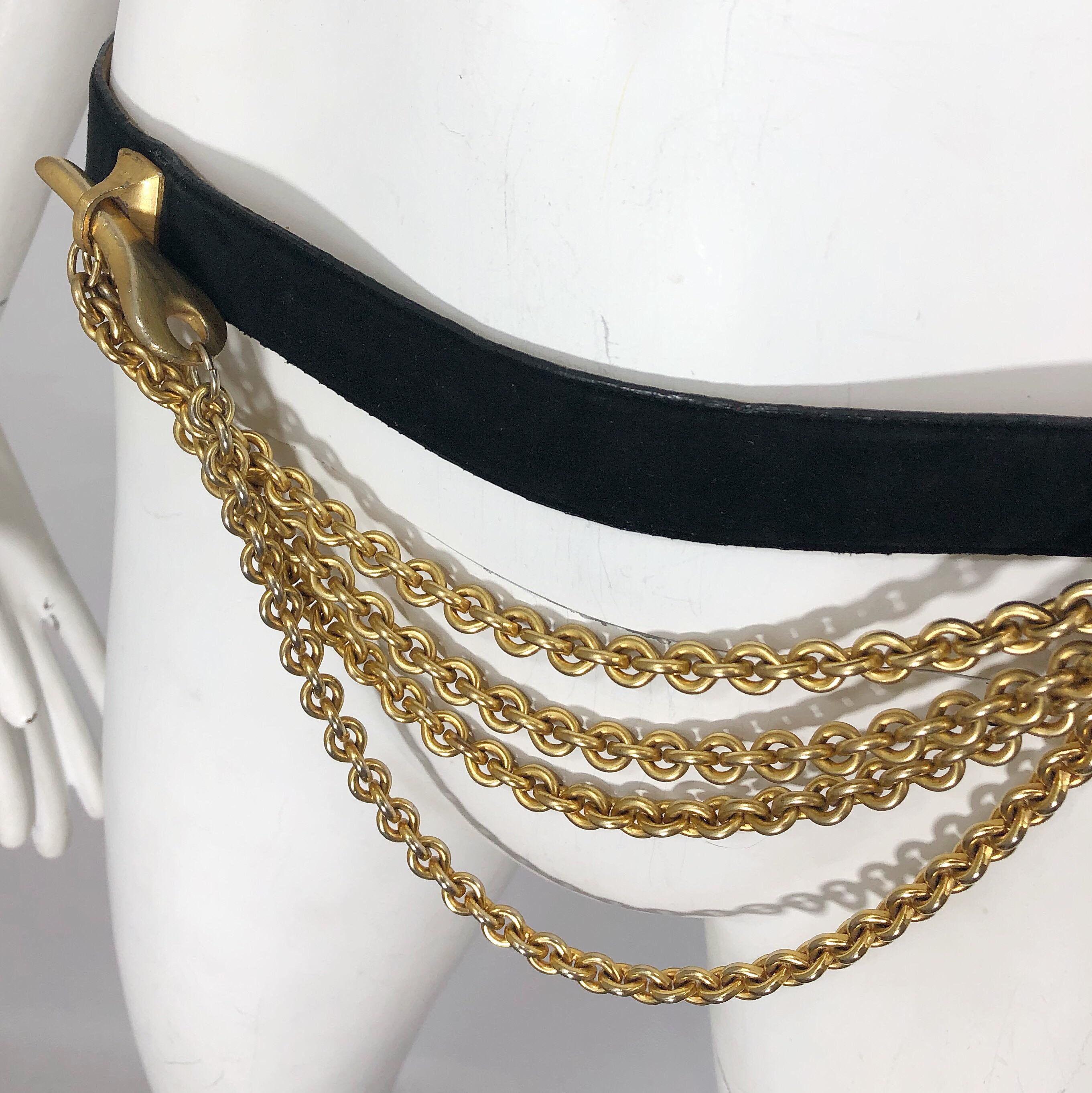 1990s Donna Karan Black Leather Suede and Gold Chain Vintage 90s Key Belt 2