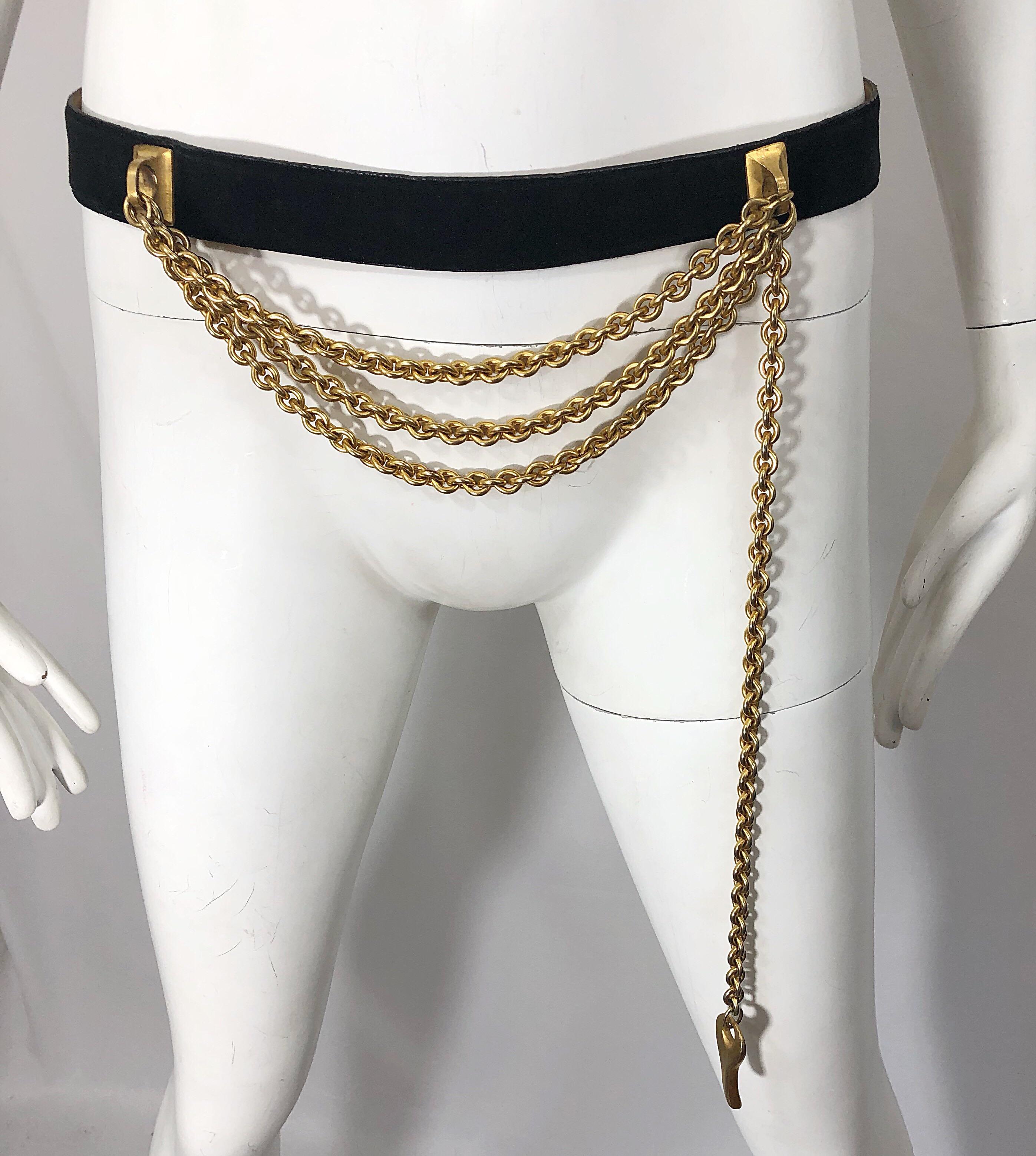 1990s Donna Karan Black Leather Suede and Gold Chain Vintage 90s Key Belt 3