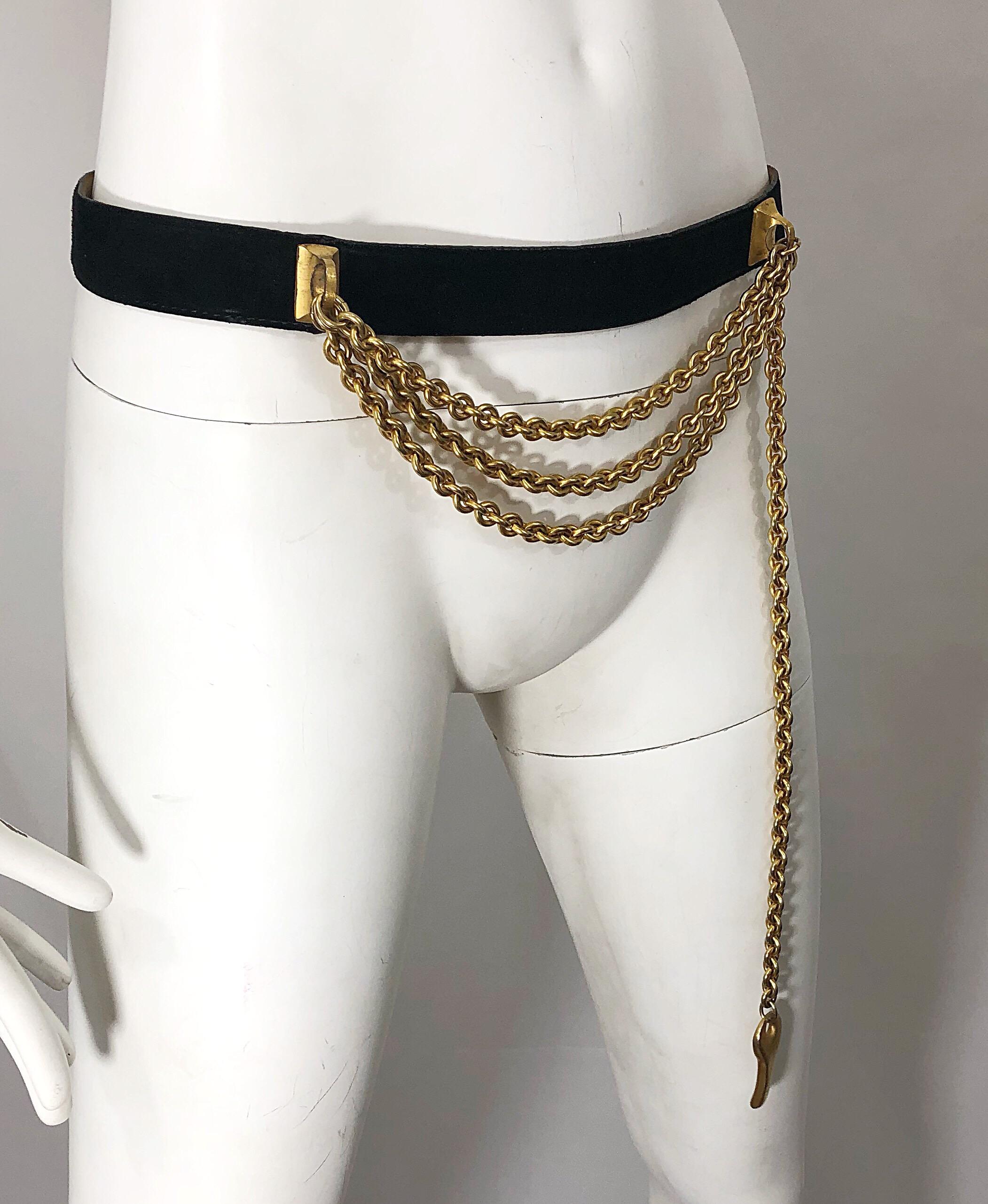 1990s Donna Karan Black Leather Suede and Gold Chain Vintage 90s Key Belt 5