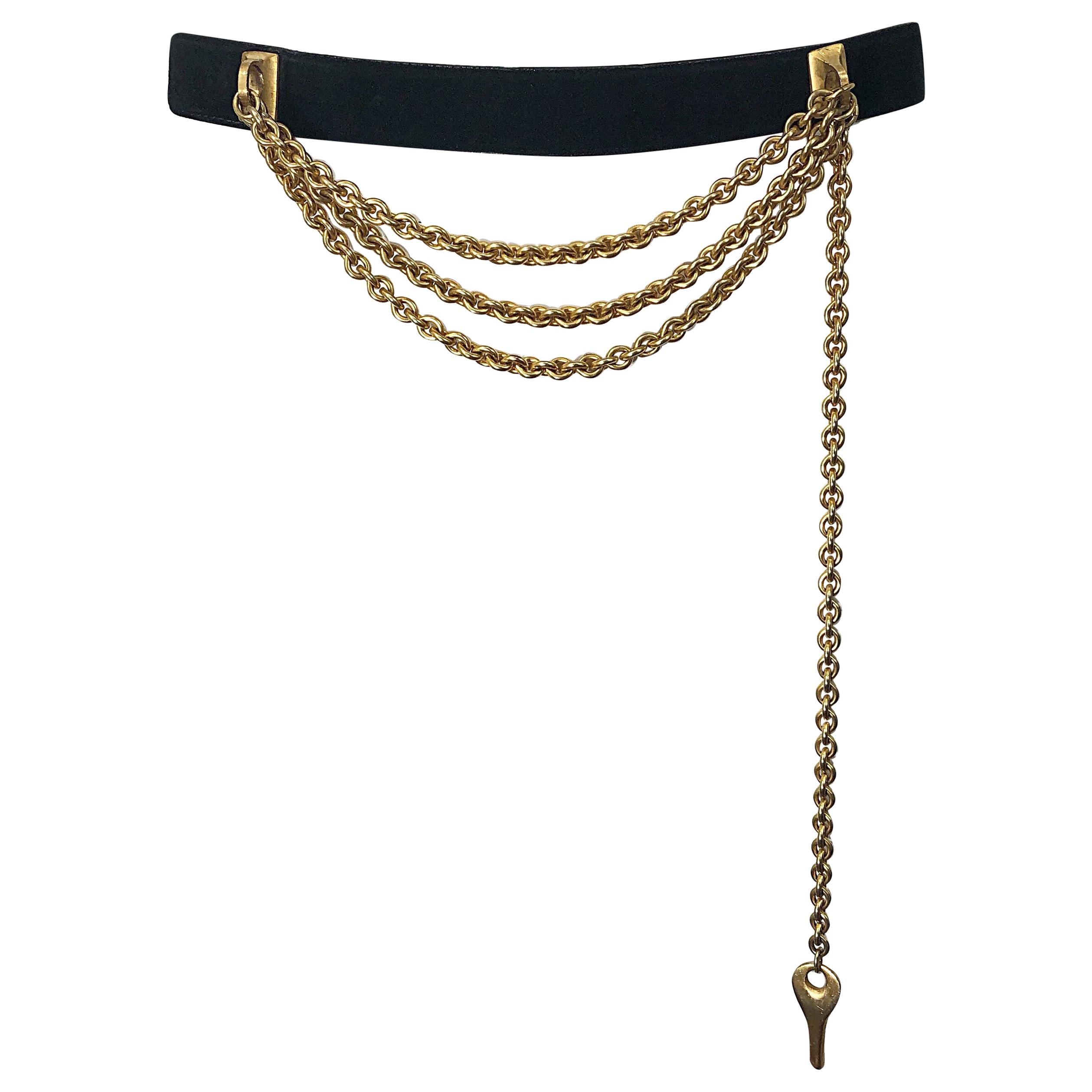 1990s Donna Karan Black Leather Suede and Gold Chain Vintage 90s Key Belt