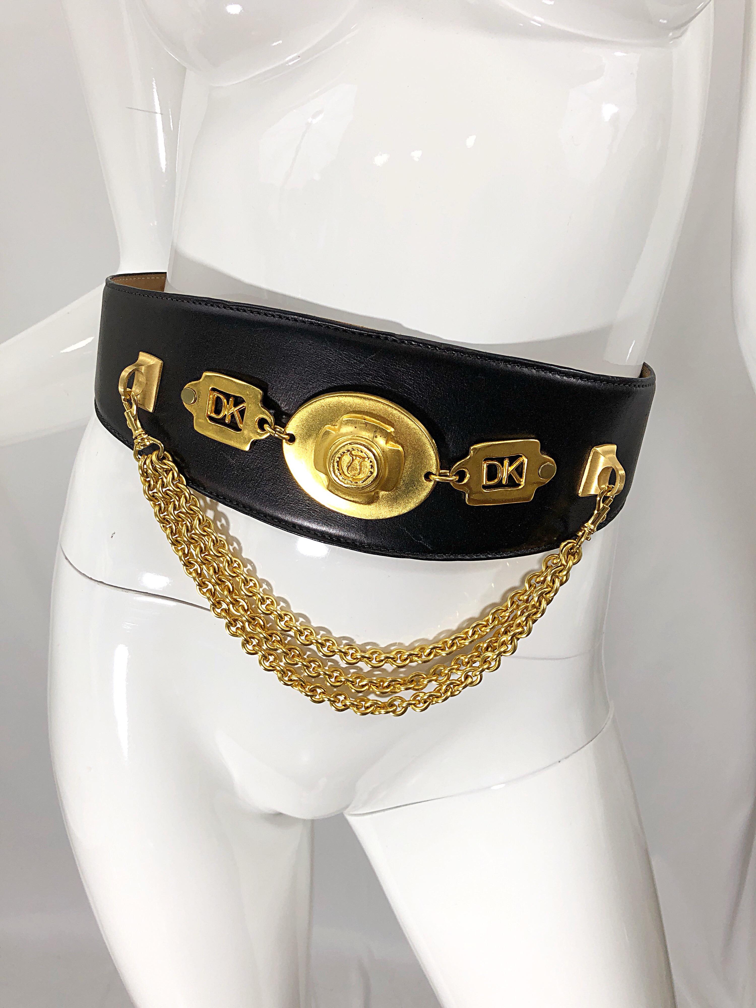 1990s Donna Karan Black Leather Vintage 90s Belt w/ Removable Gold Chain 6