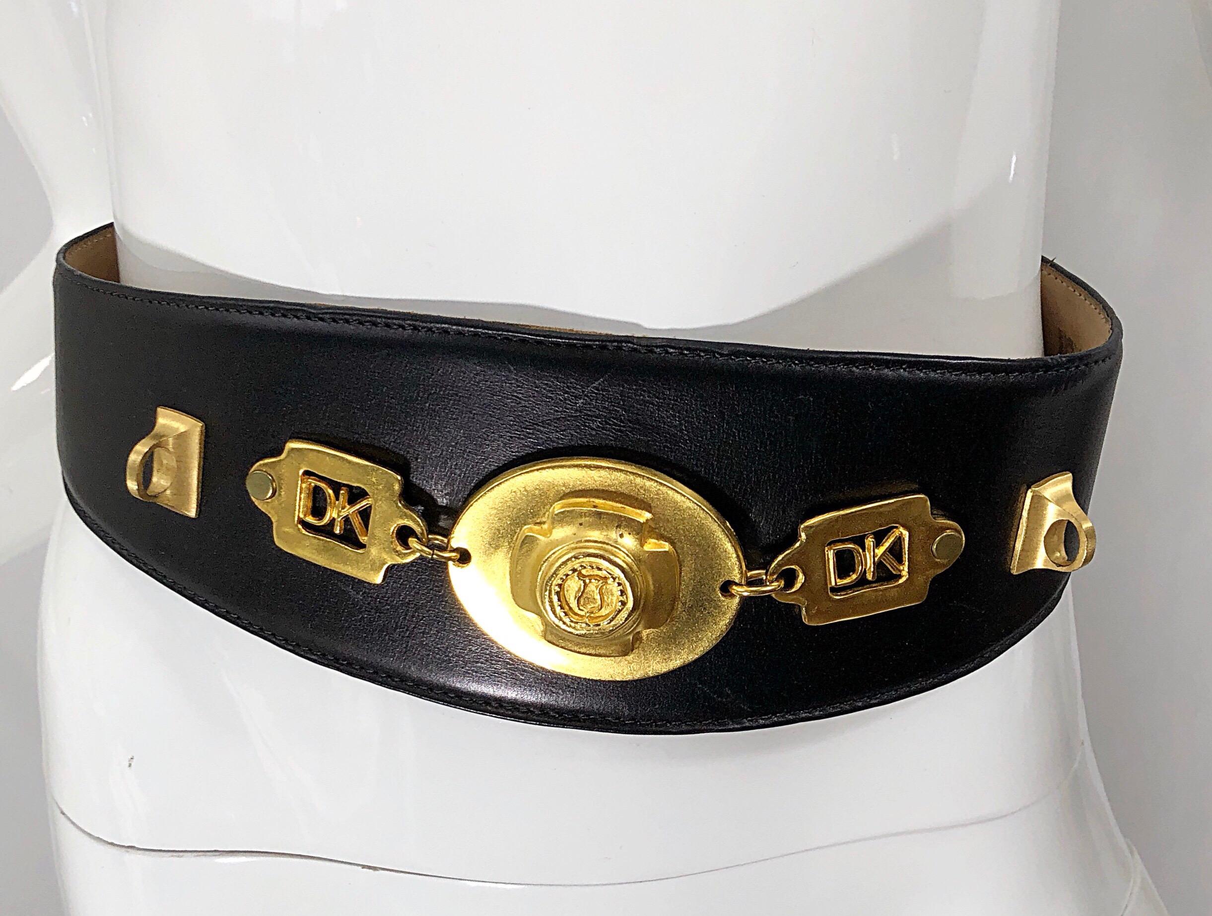 1990s Donna Karan Black Leather Vintage 90s Belt w/ Removable Gold Chain In Good Condition In San Diego, CA