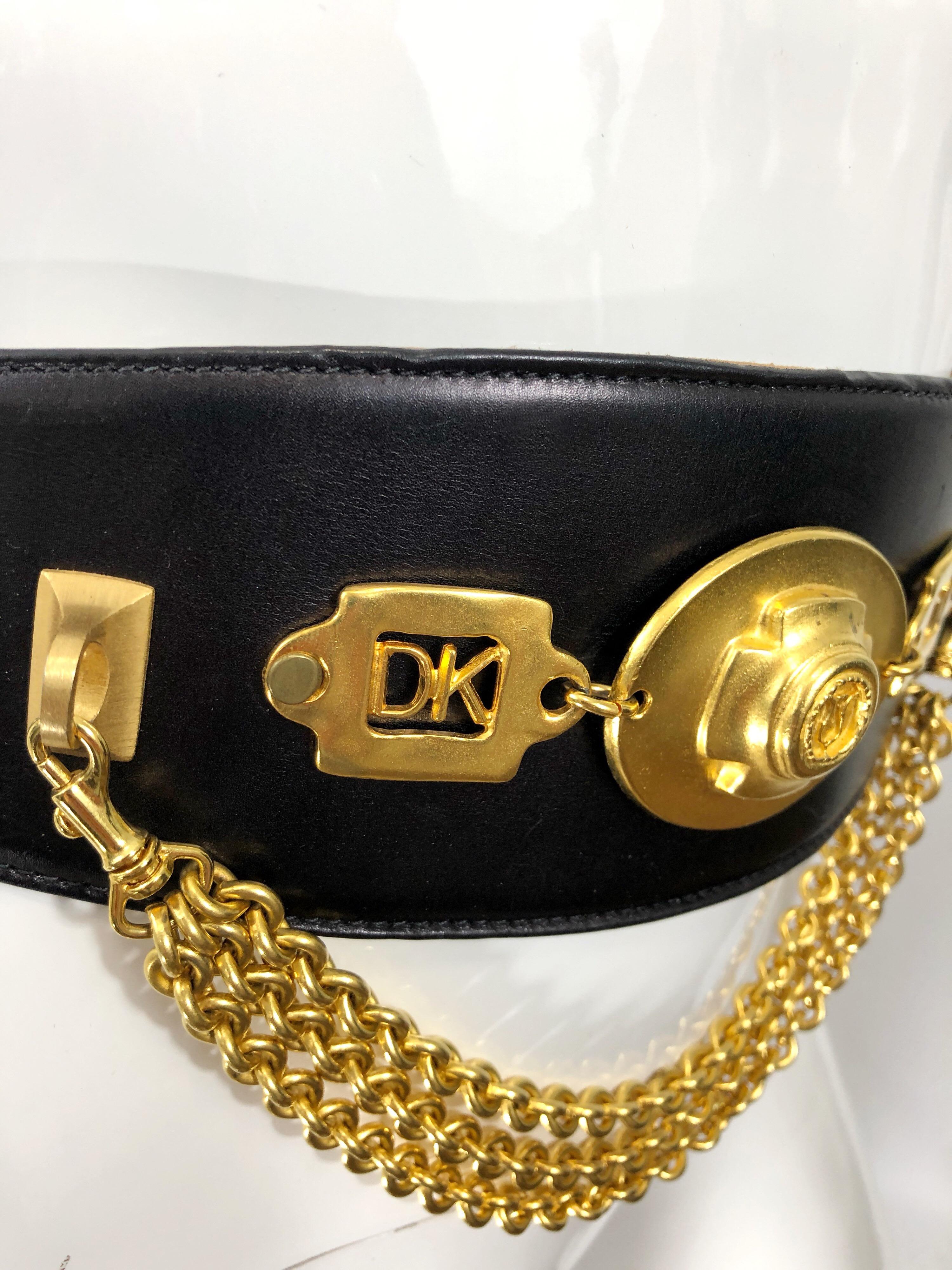 Women's 1990s Donna Karan Black Leather Vintage 90s Belt w/ Removable Gold Chain