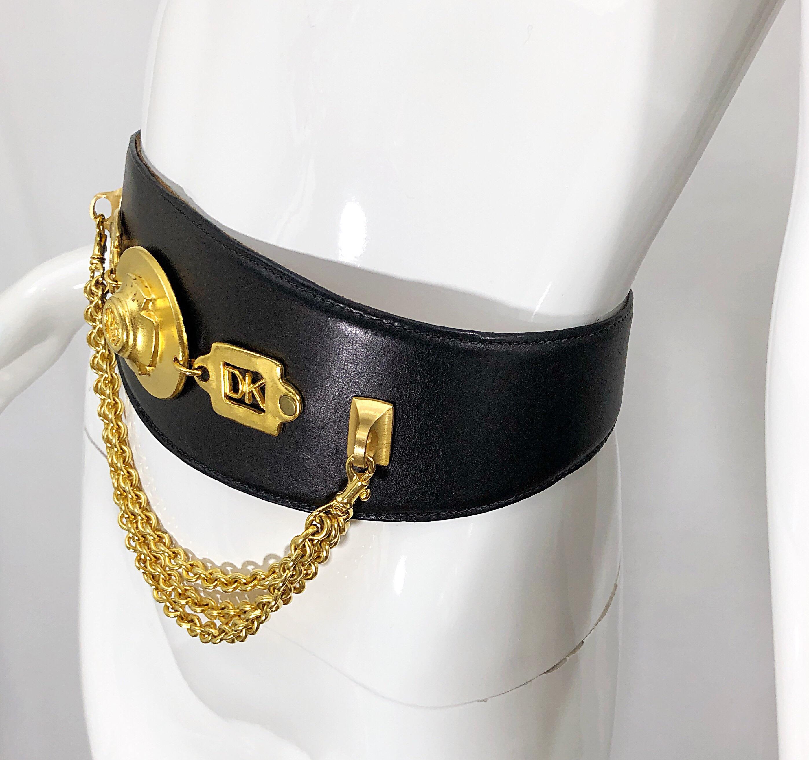 1990s Donna Karan Black Leather Vintage 90s Belt w/ Removable Gold Chain 2