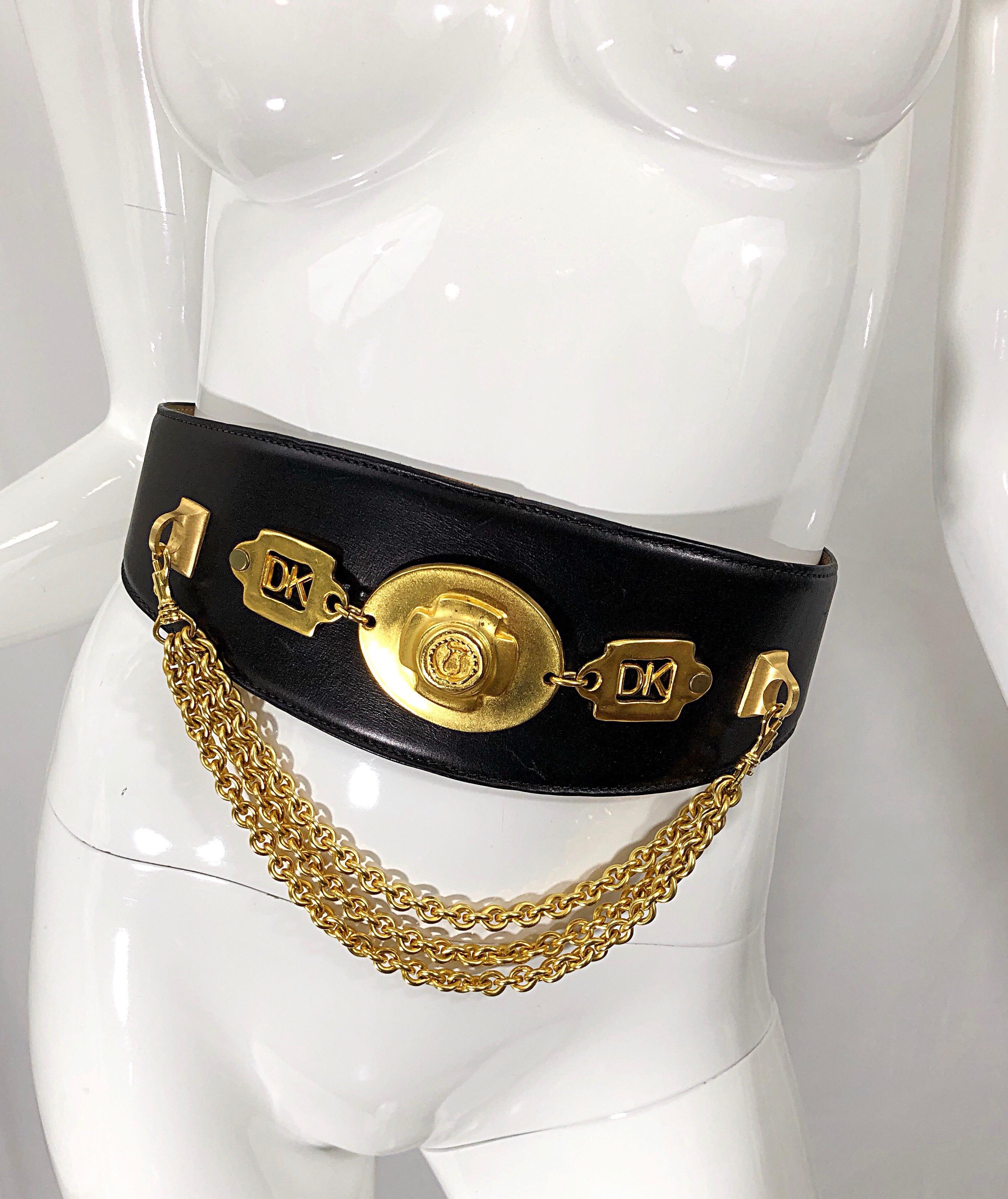 1990s Donna Karan Black Leather Vintage 90s Belt w/ Removable Gold Chain 3