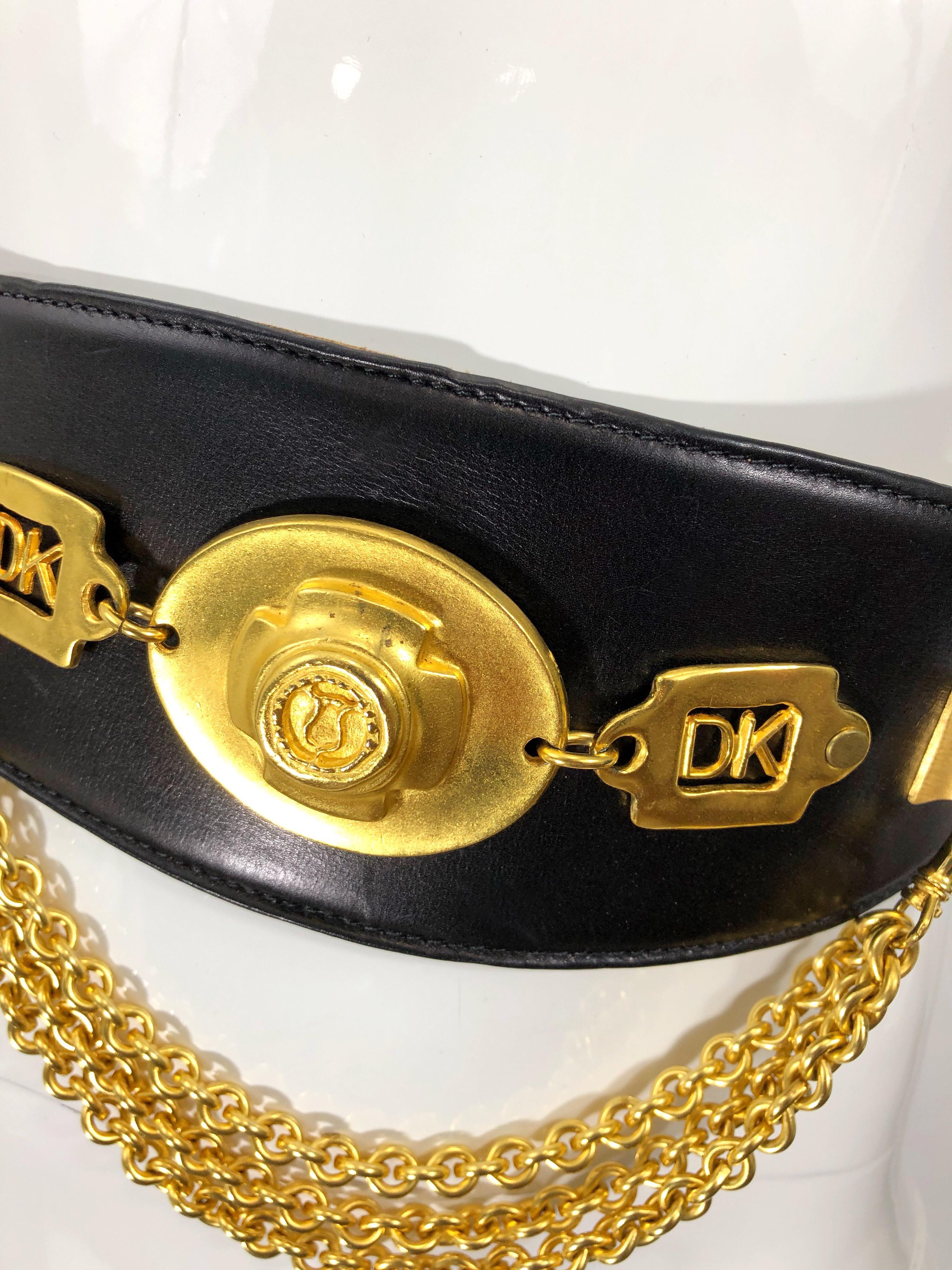 1990s Donna Karan Black Leather Vintage 90s Belt w/ Removable Gold Chain 4