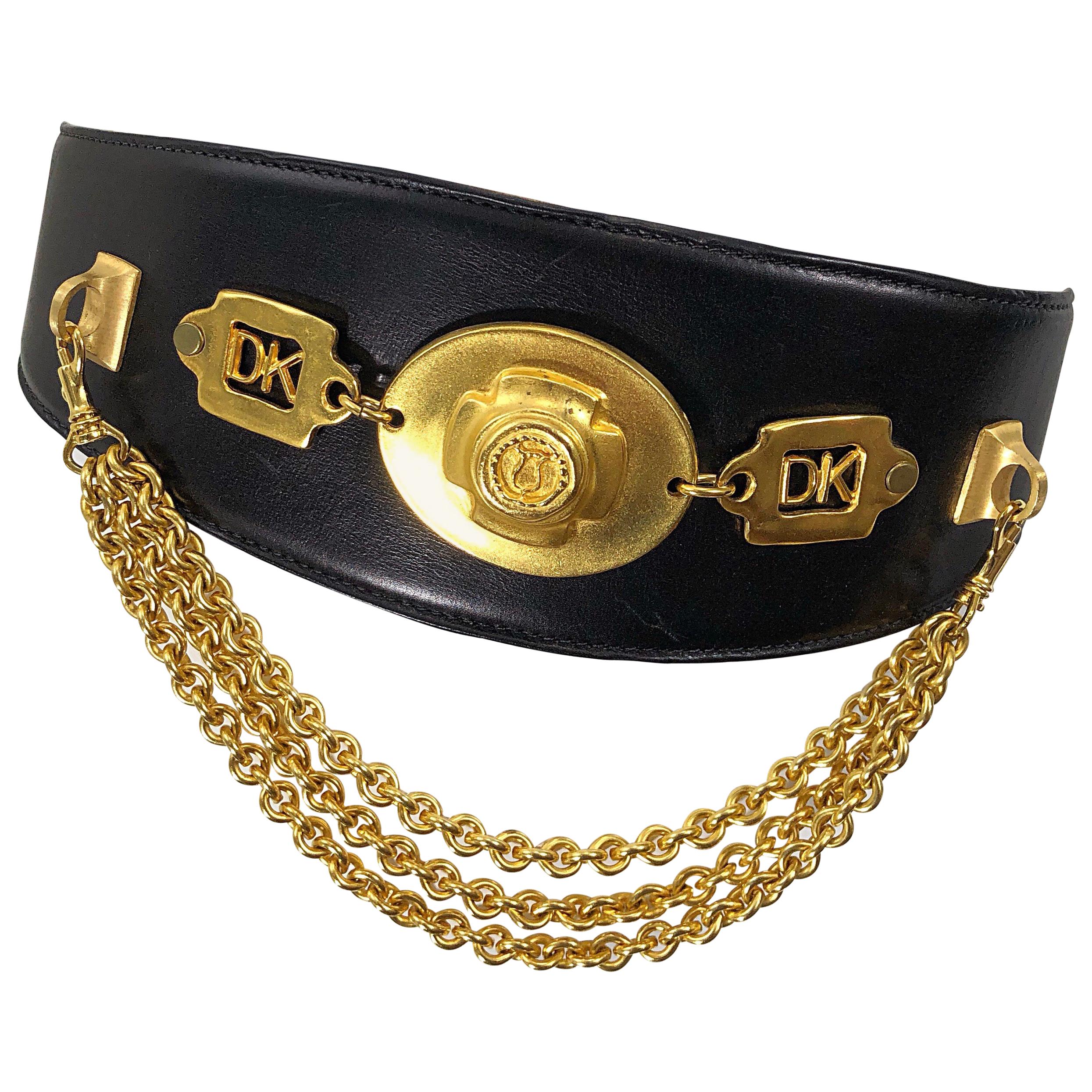 1990s Donna Karan Black Leather Vintage 90s Belt w/ Removable Gold Chain