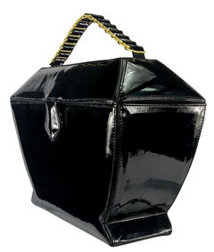 1990s Donna Karan Black Patent Leather Urn Shaped Structured Bag