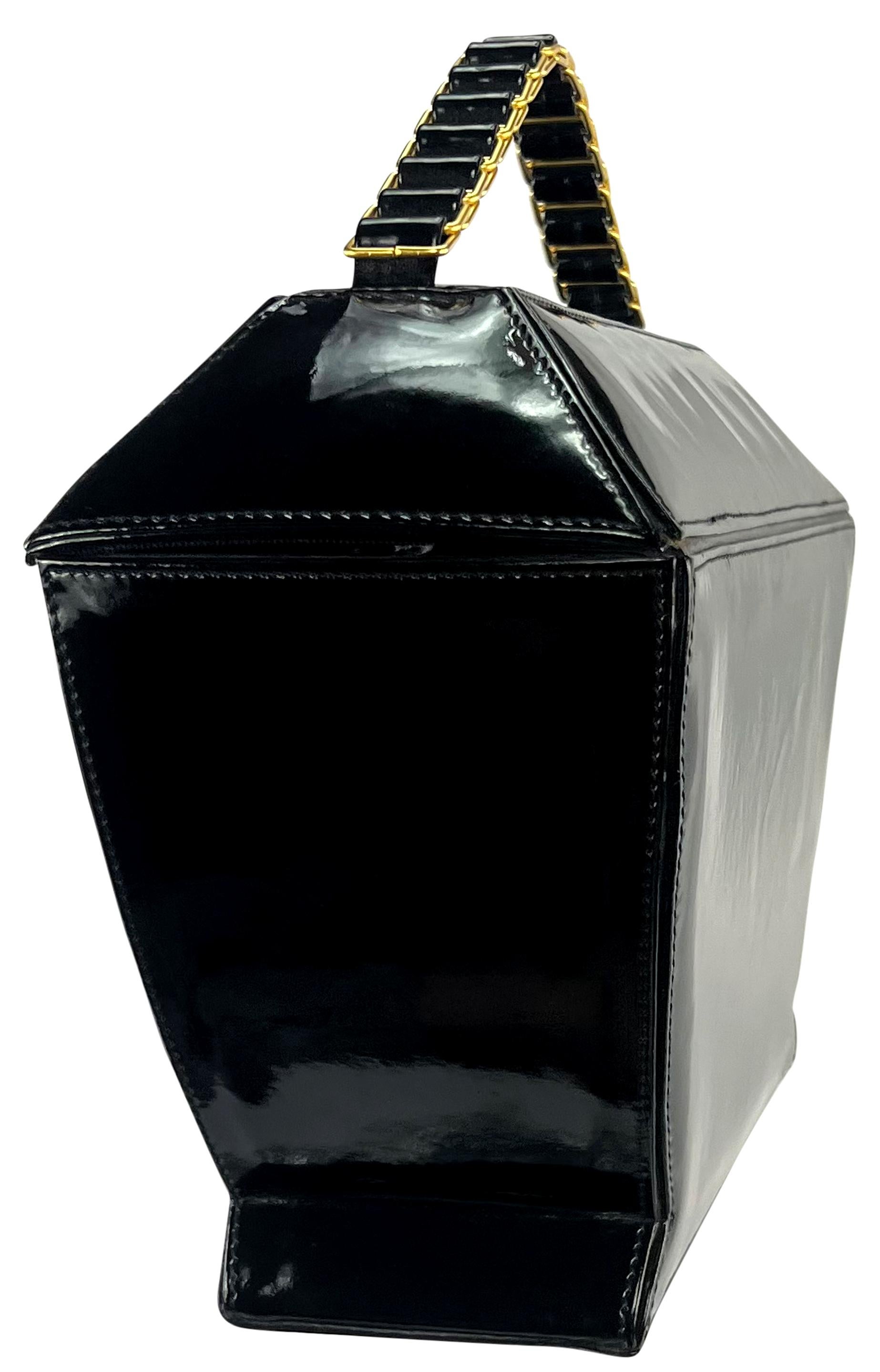 1990s Donna Karan Black Patent Leather Urn Shaped Structured Bag In Good Condition For Sale In West Hollywood, CA